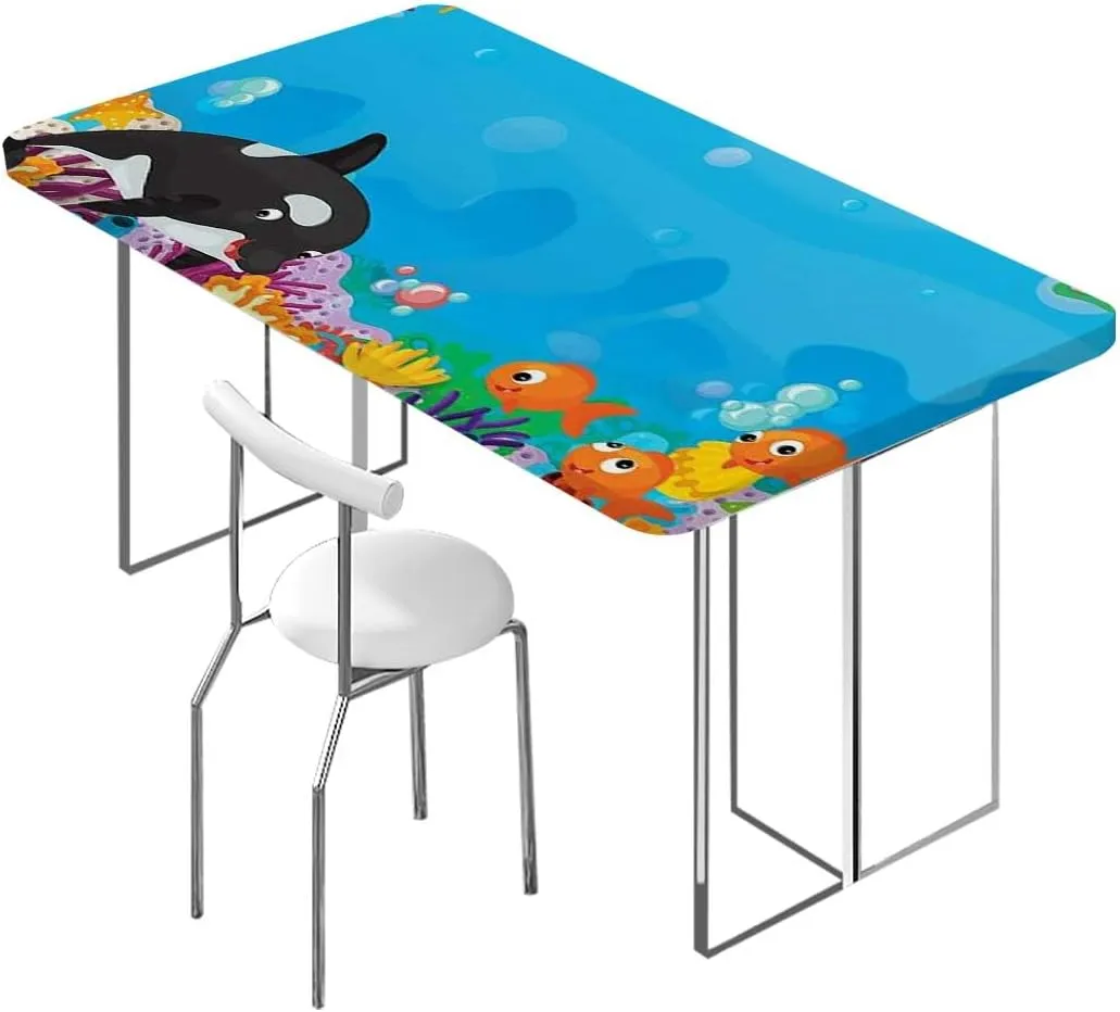 Black and Blue Fitted Table Cover for Square Tables Swimming Ocean Cartoon Protector with Elastic for Rectangle Picnic Tables, Washable Animal Fits up 5 Foot Tables