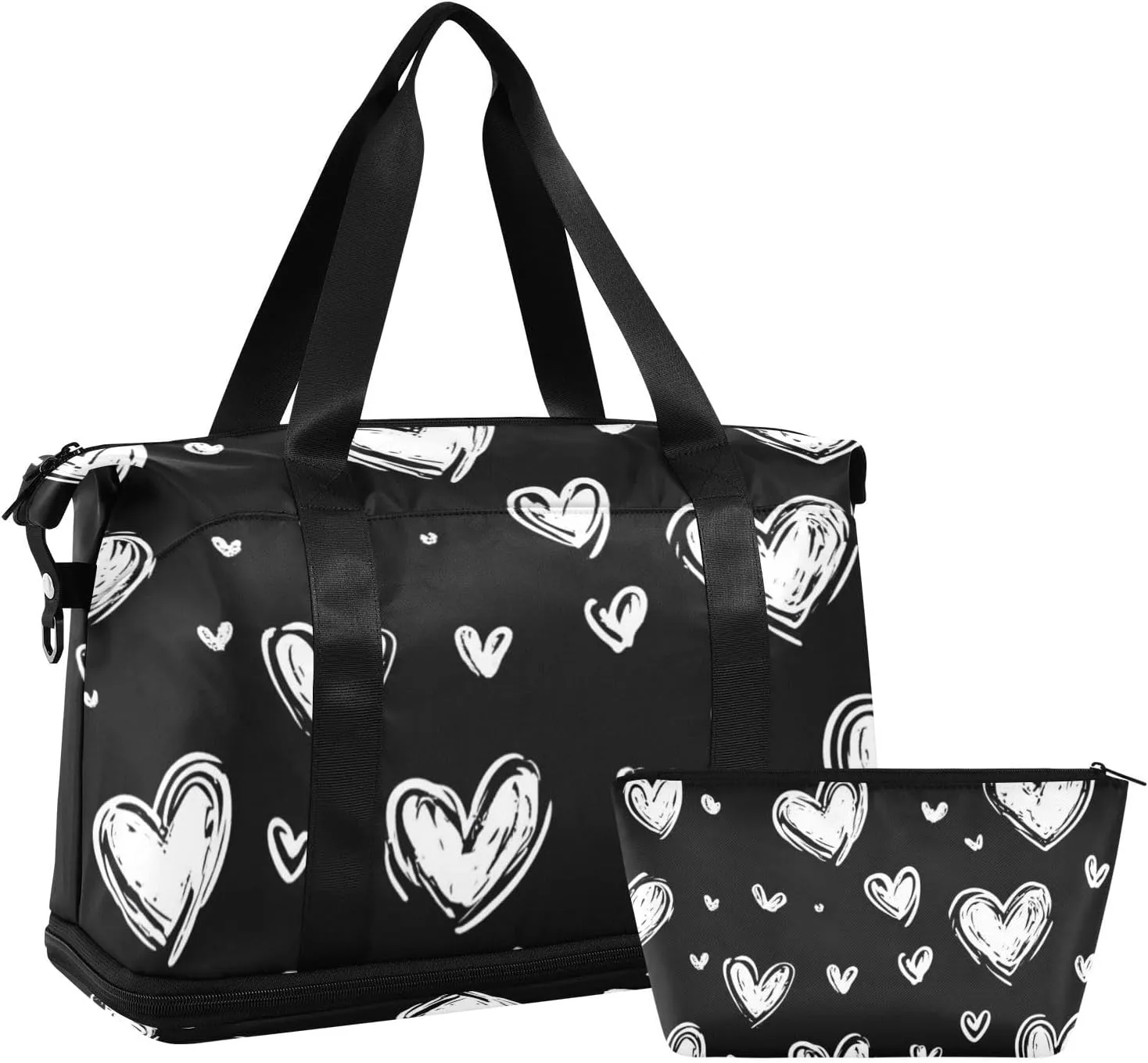 Black and White Valentine Romantic Love Travel Hand Bag Weekender Overnight Bag with Adjustable Strap for Trekking Multifunctional