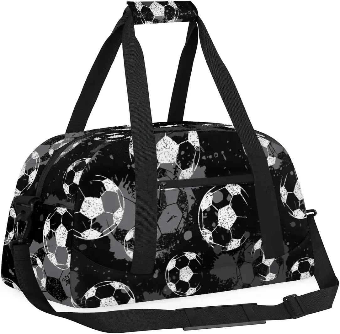 Black Football Kids Duffel Bag for Boys, Soccer Sports Gym Bag Overnight Travel Weekender Bag Lightweight Carry On Sleepovers Bag for School Practice Gymnastics