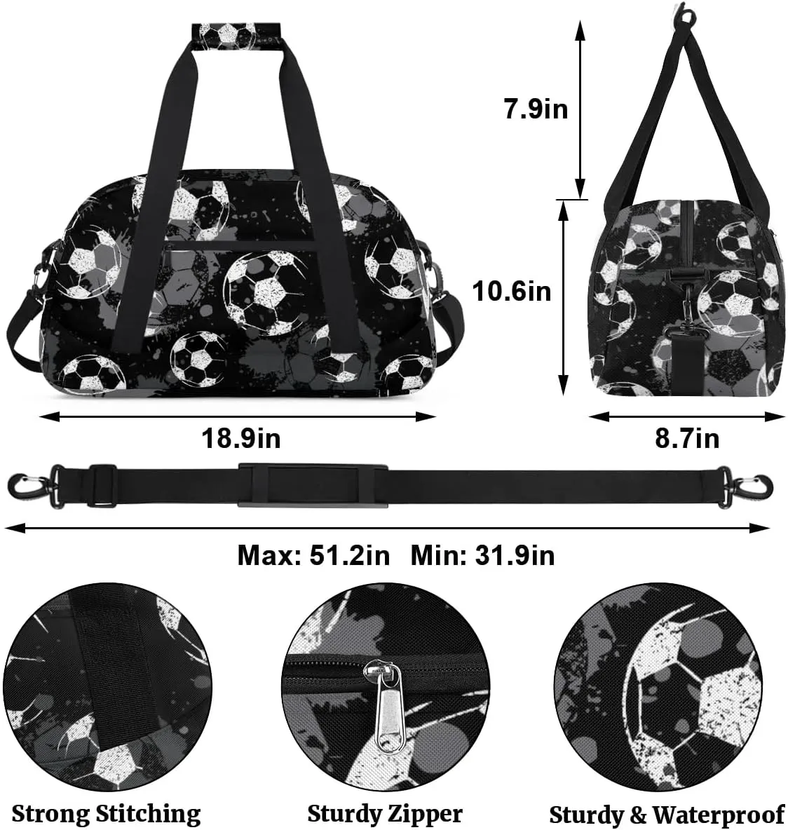 Black Football Kids Duffel Bag for Boys, Soccer Sports Gym Bag Overnight Travel Weekender Bag Lightweight Carry On Sleepovers Bag for School Practice Gymnastics