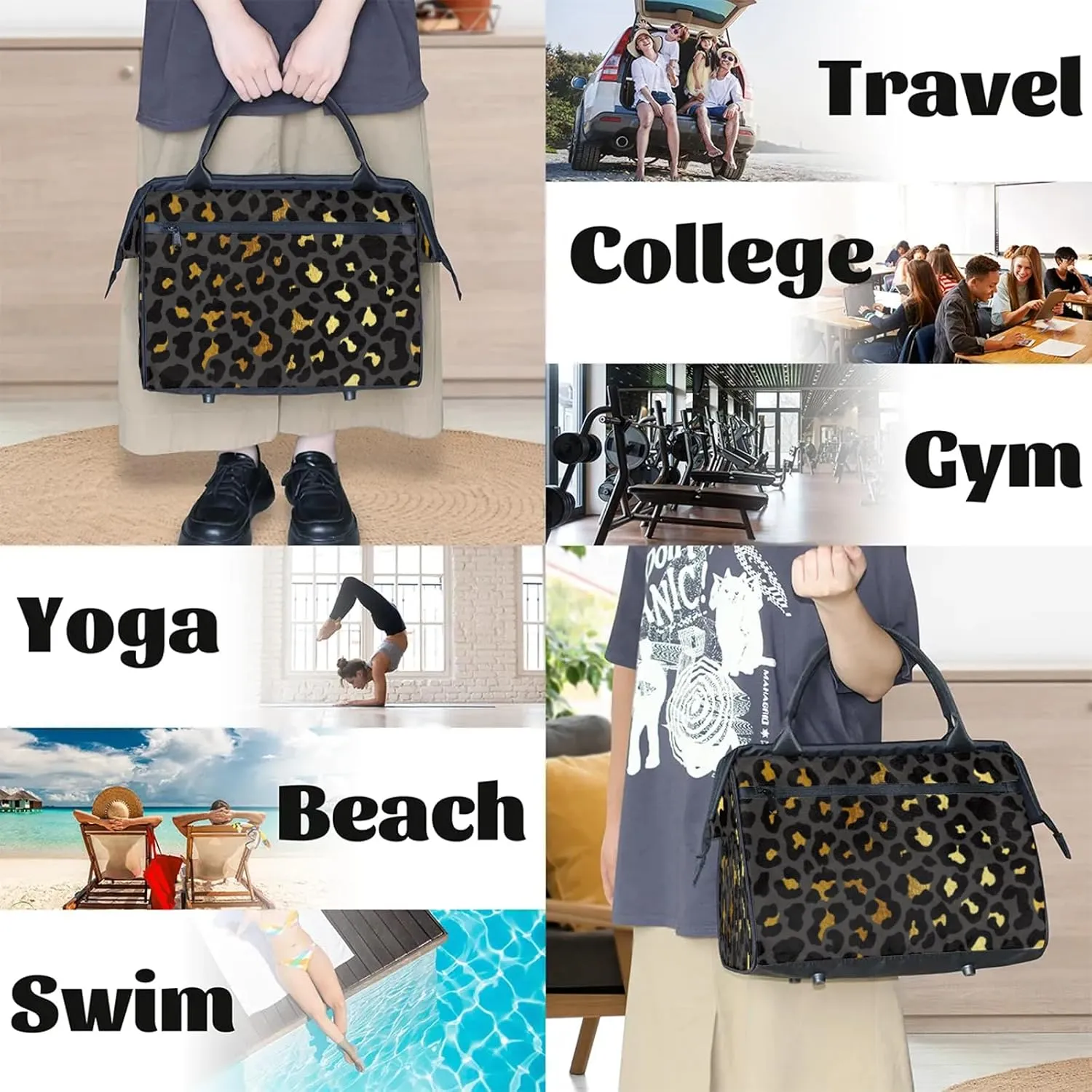 Black Gold Leopard Print Travel Duffel Bag Gym Tote Bag for Women Men Waterproof Weekend Overnight Bag Carry On Tote Luggage with Pocket Personal Item Bags Sports Bag fit Travel Sports Gym Yoga