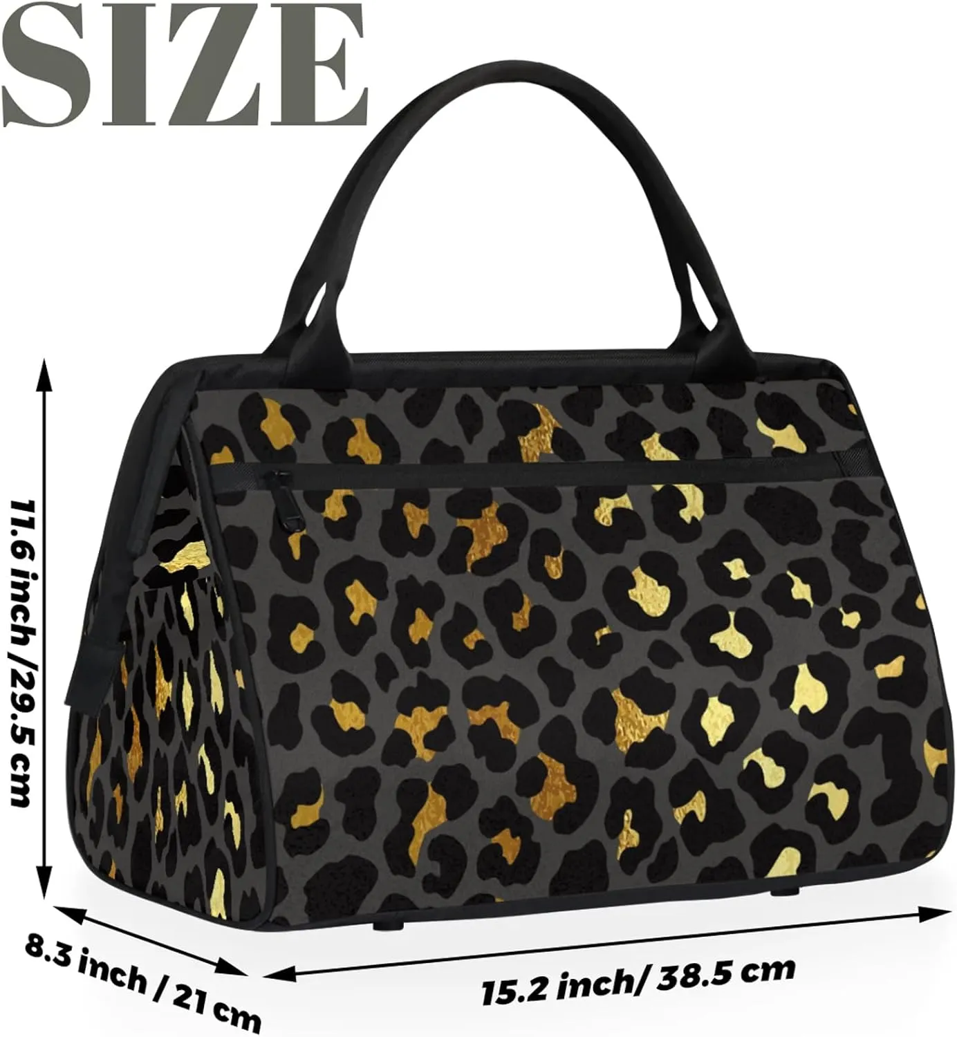 Black Gold Leopard Print Travel Duffel Bag Gym Tote Bag for Women Men Waterproof Weekend Overnight Bag Carry On Tote Luggage with Pocket Personal Item Bags Sports Bag fit Travel Sports Gym Yoga