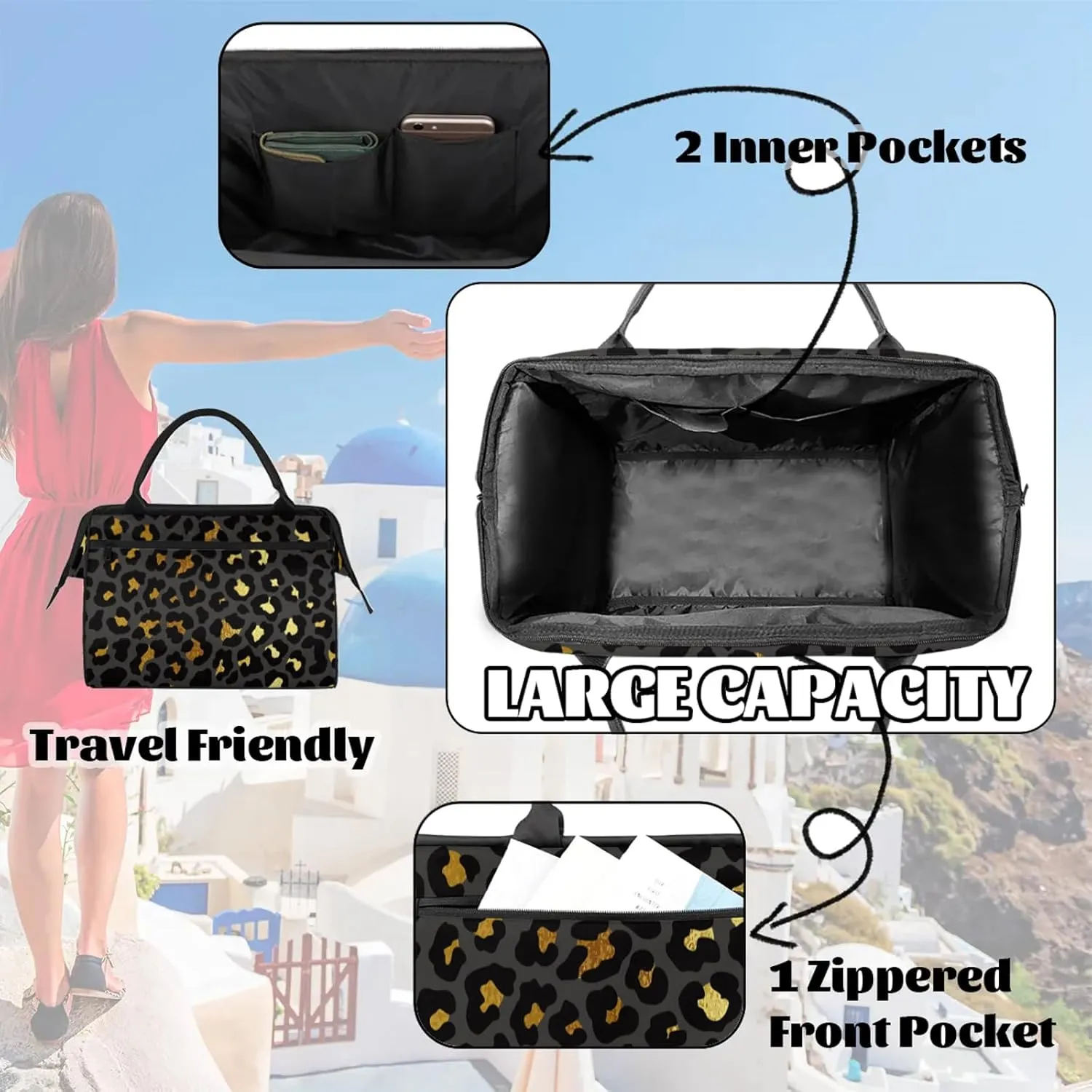 Black Gold Leopard Print Travel Duffel Bag Gym Tote Bag for Women Men Waterproof Weekend Overnight Bag Carry On Tote Luggage with Pocket Personal Item Bags Sports Bag fit Travel Sports Gym Yoga