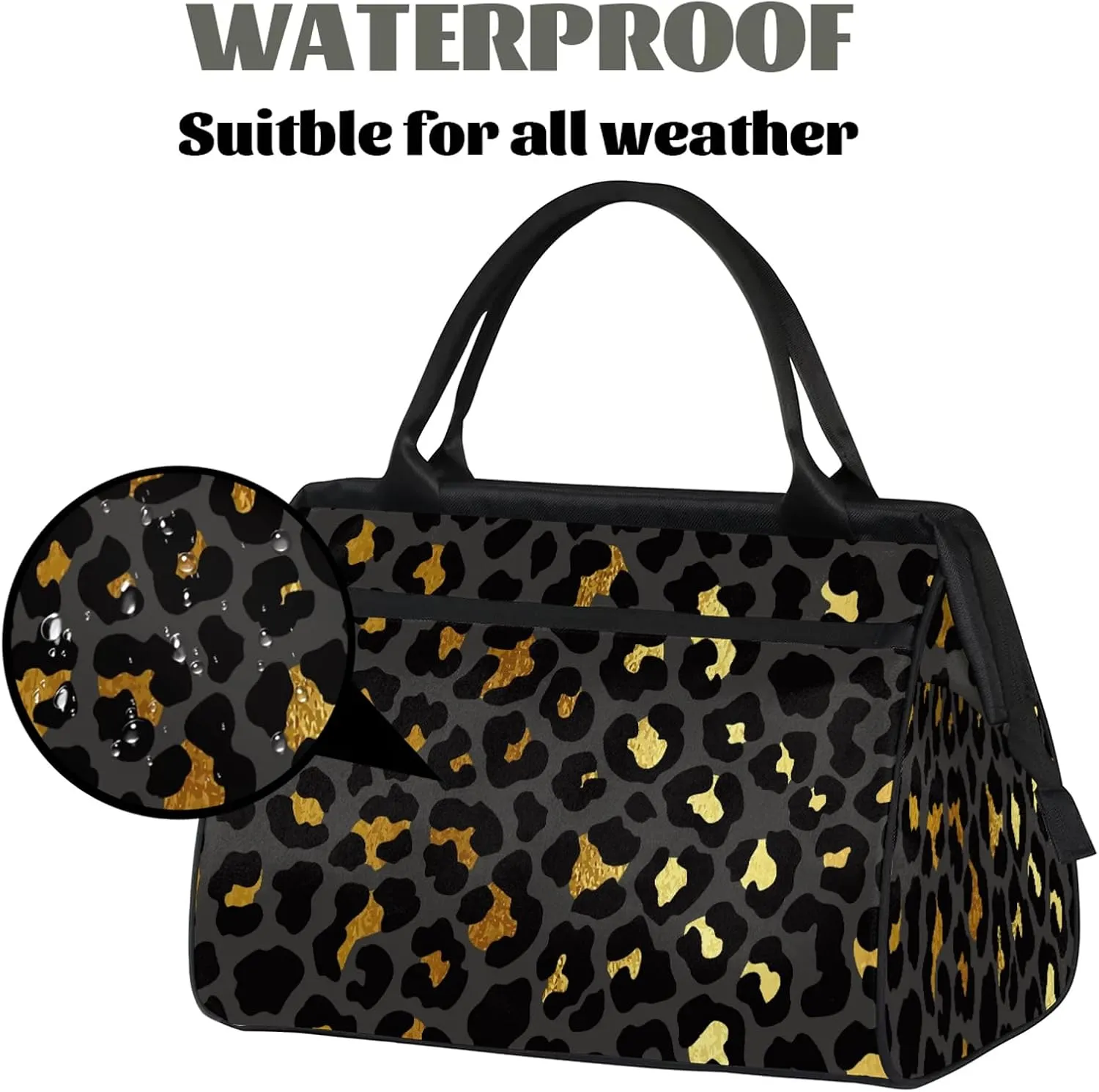 Black Gold Leopard Print Travel Duffel Bag Gym Tote Bag for Women Men Waterproof Weekend Overnight Bag Carry On Tote Luggage with Pocket Personal Item Bags Sports Bag fit Travel Sports Gym Yoga