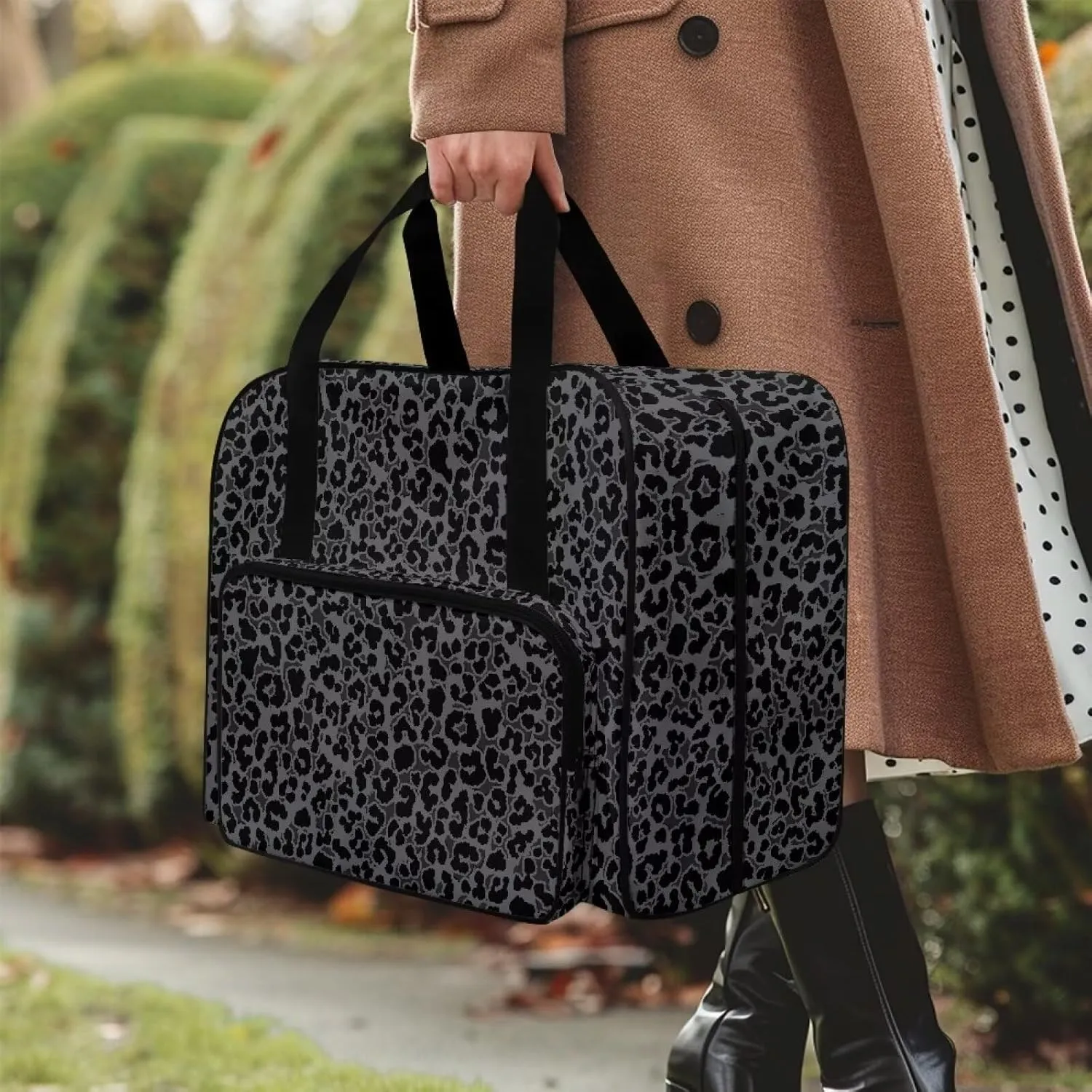 Black Leopard Knitting Tote Bag, Large Capacity Yarn Storage Organizer for Carrying Projects, Knitting Needles, Crochet Hooks and Other Accessories