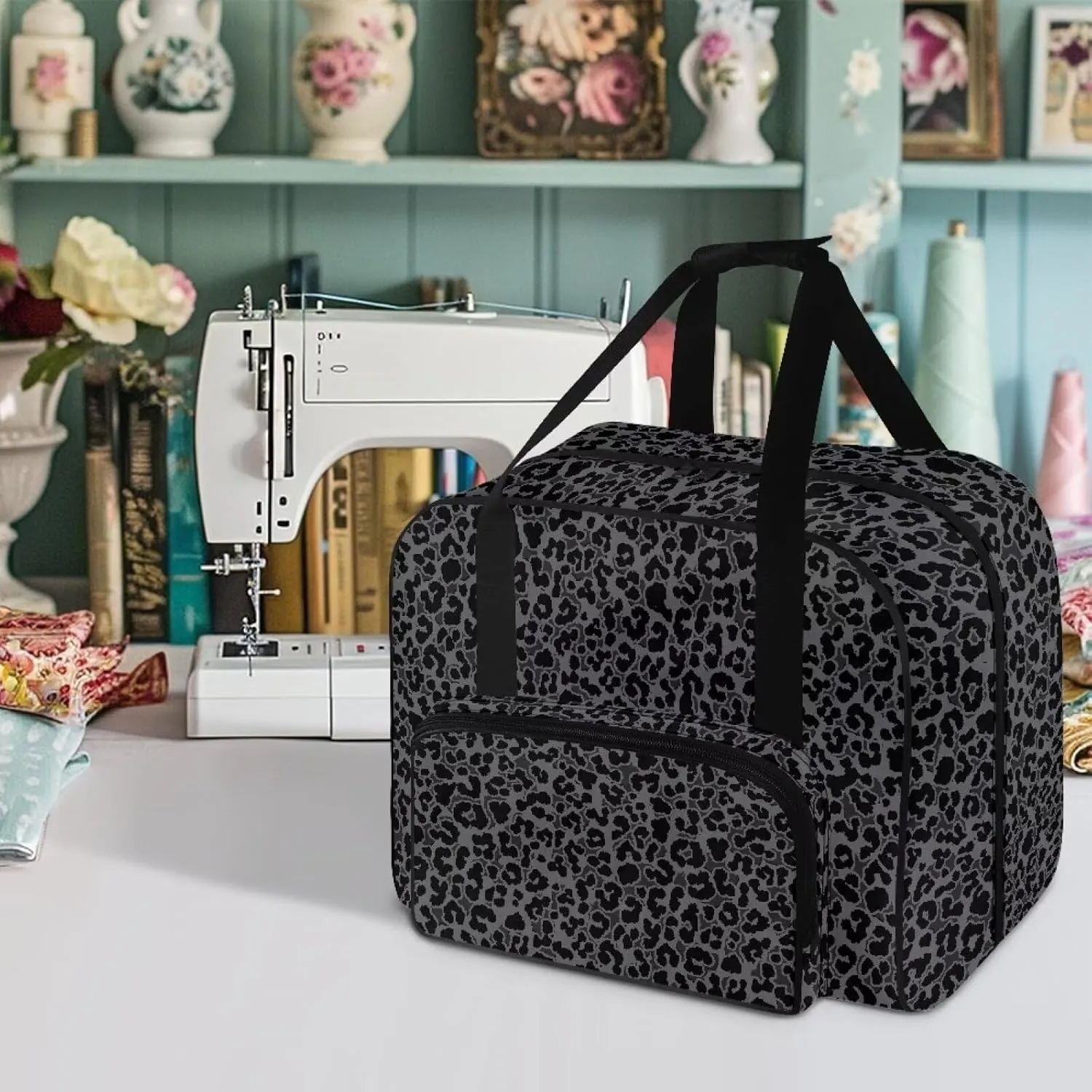 Black Leopard Knitting Tote Bag, Large Capacity Yarn Storage Organizer for Carrying Projects, Knitting Needles, Crochet Hooks and Other Accessories