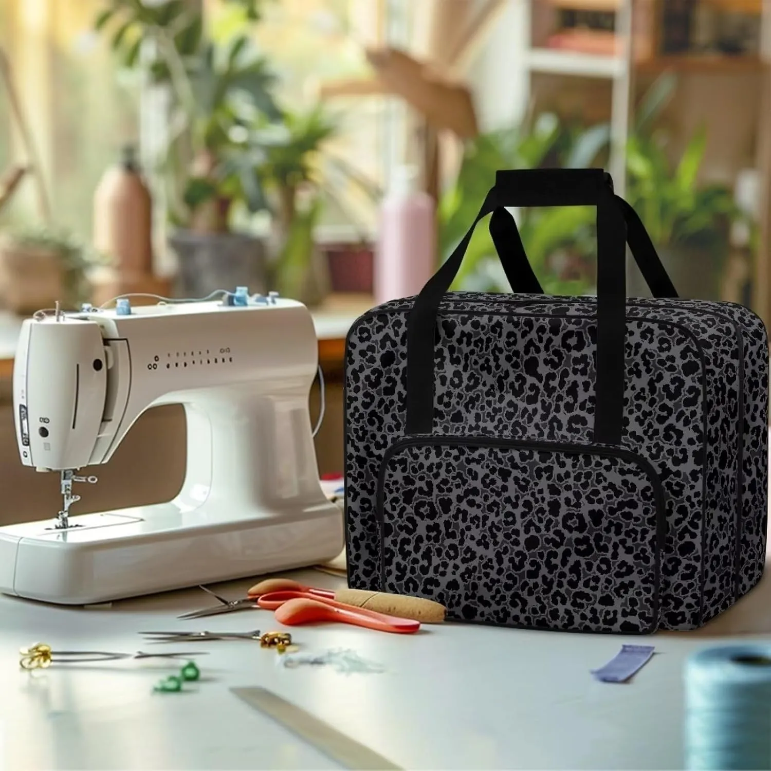 Black Leopard Knitting Tote Bag, Large Capacity Yarn Storage Organizer for Carrying Projects, Knitting Needles, Crochet Hooks and Other Accessories