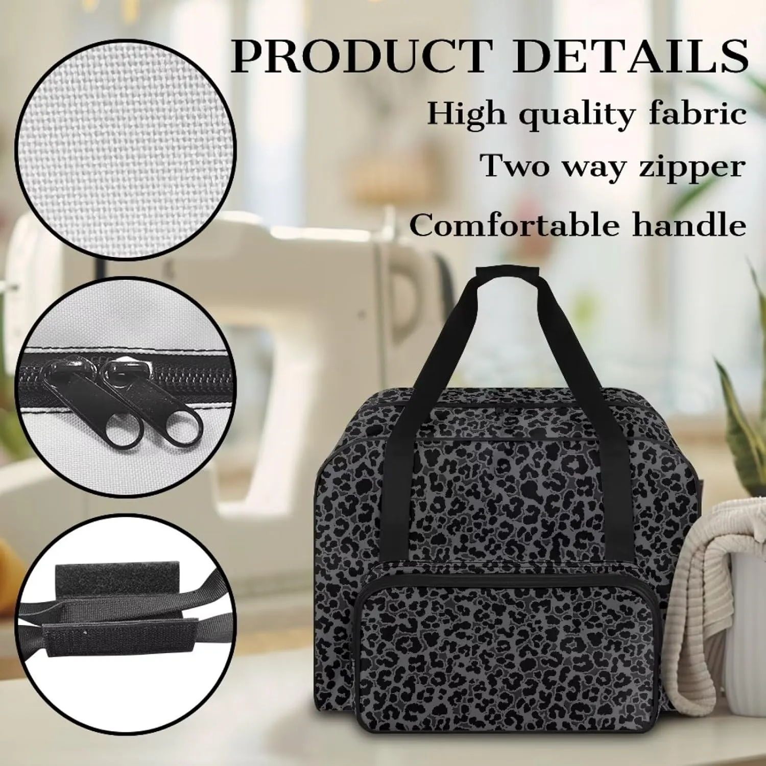 Black Leopard Knitting Tote Bag, Large Capacity Yarn Storage Organizer for Carrying Projects, Knitting Needles, Crochet Hooks and Other Accessories