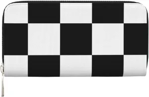 Black White Checkered Flag Wallets PU Leather Wallet For Women Men Zipper Credit Card Purse Long Clutch Purse