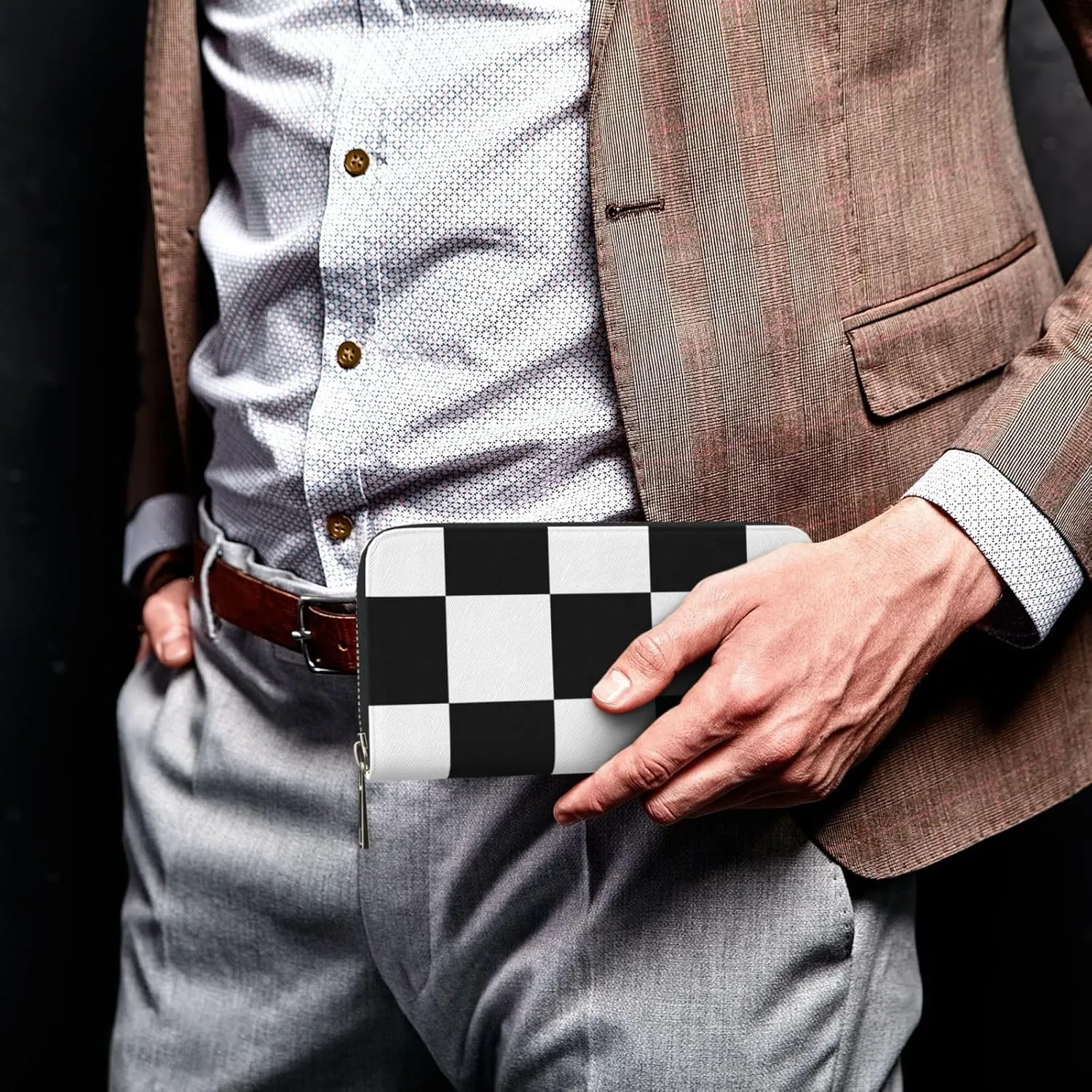 Black White Checkered Flag Wallets PU Leather Wallet For Women Men Zipper Credit Card Purse Long Clutch Purse