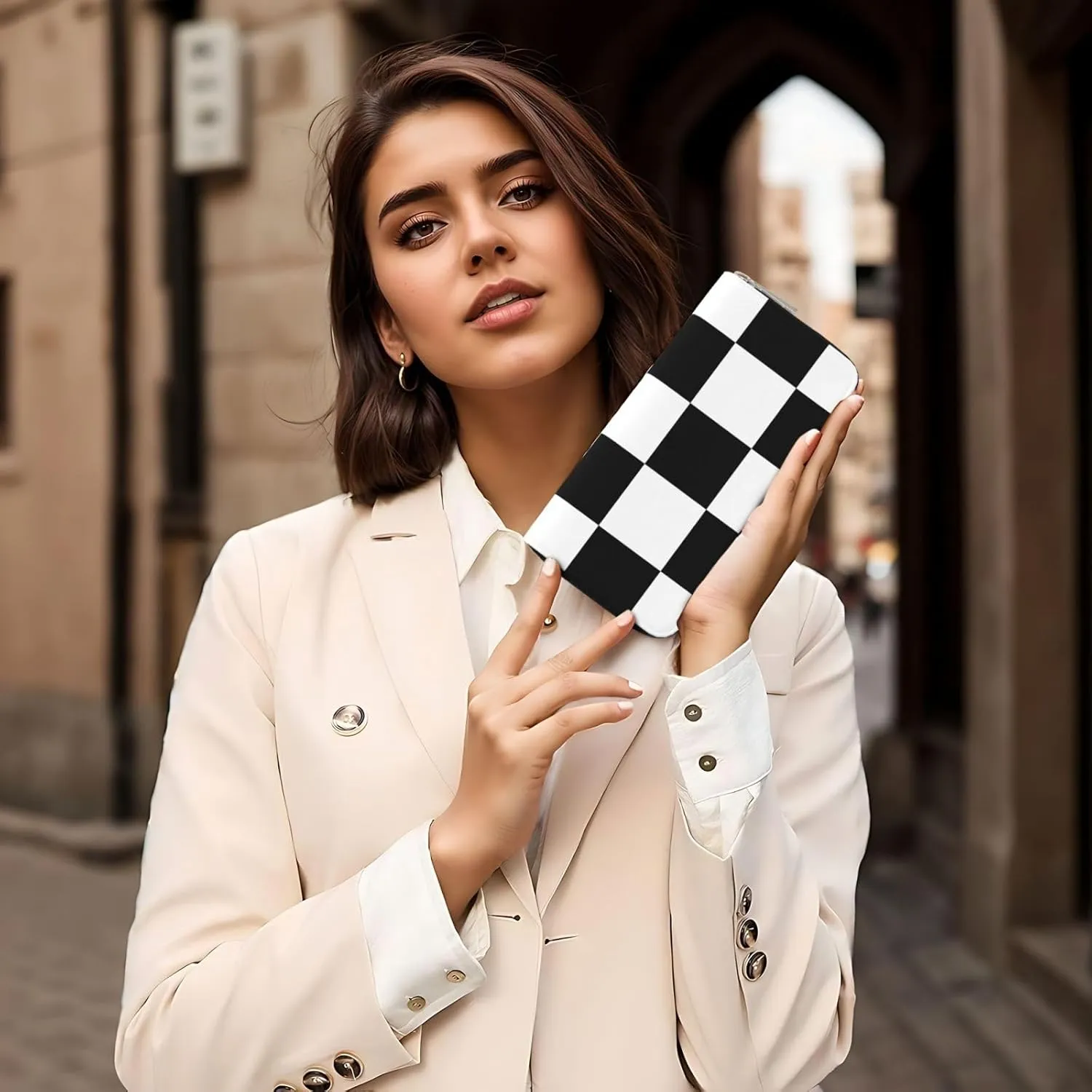 Black White Checkered Flag Wallets PU Leather Wallet For Women Men Zipper Credit Card Purse Long Clutch Purse