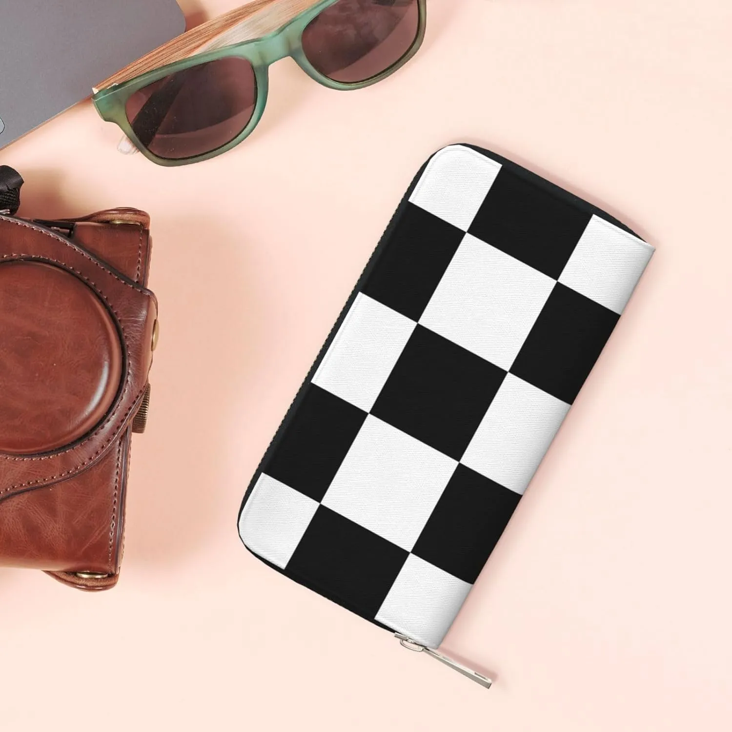 Black White Checkered Flag Wallets PU Leather Wallet For Women Men Zipper Credit Card Purse Long Clutch Purse