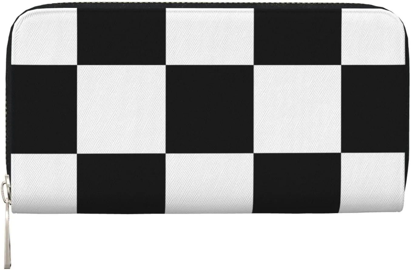 Black White Checkered Flag Wallets PU Leather Wallet For Women Men Zipper Credit Card Purse Long Clutch Purse