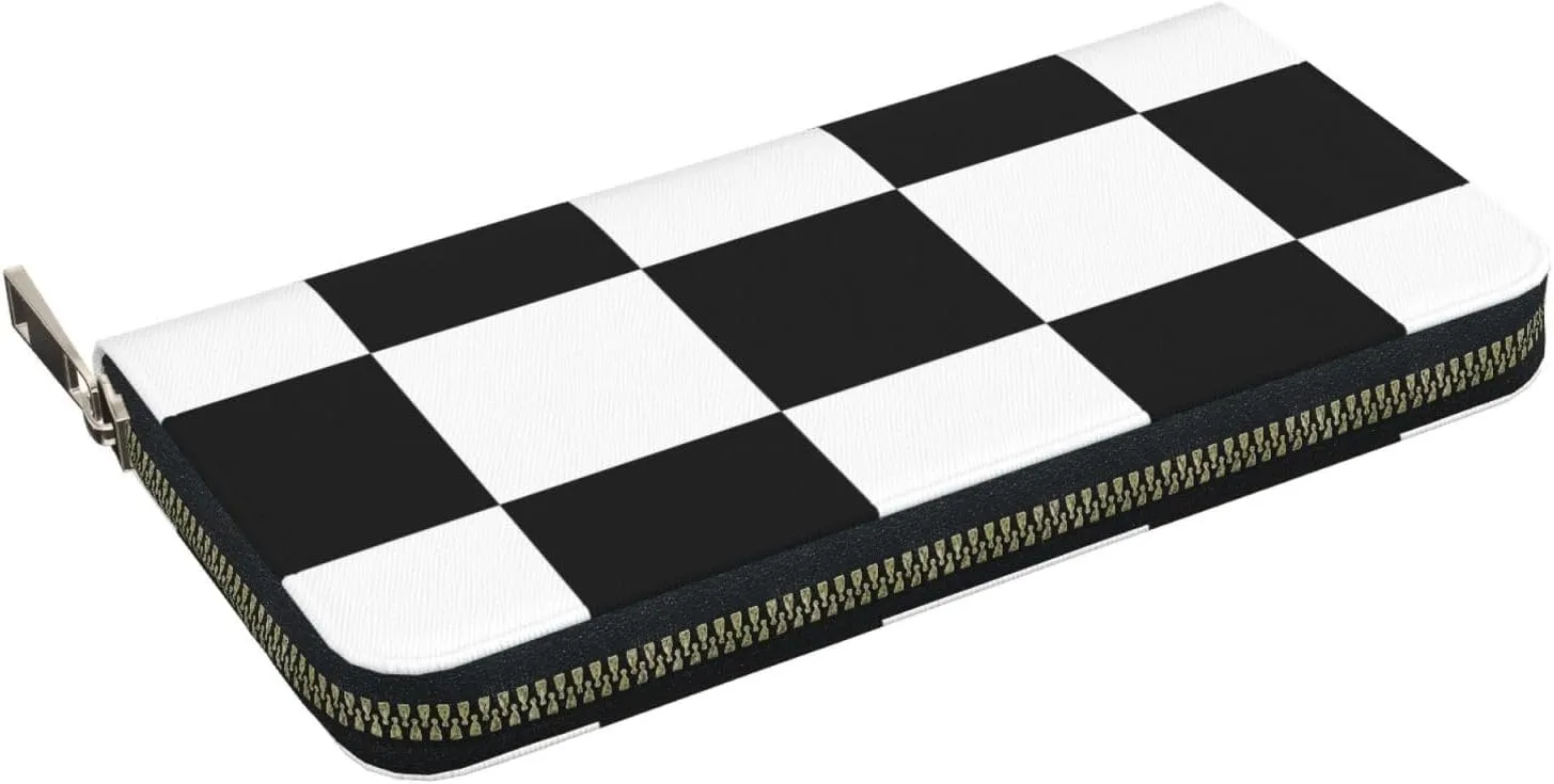 Black White Checkered Flag Wallets PU Leather Wallet For Women Men Zipper Credit Card Purse Long Clutch Purse