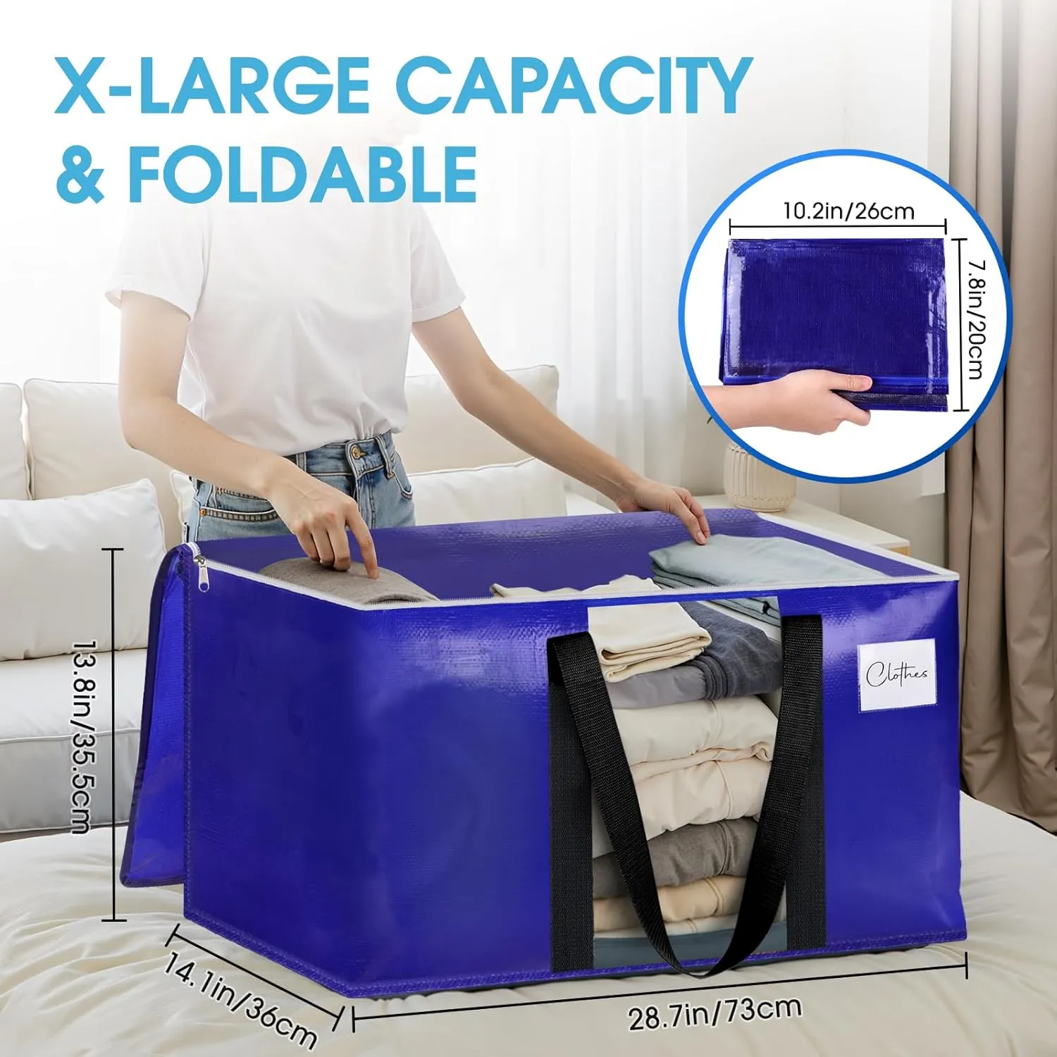 BlissTotes 10 Pack Moving Bags with Clear Window, Storage Bags with Strong Carrying Handles & Zippers,Large Packing Bags for Saving Space, Alternative to Moving Boxes(Blue,24 Gallon)