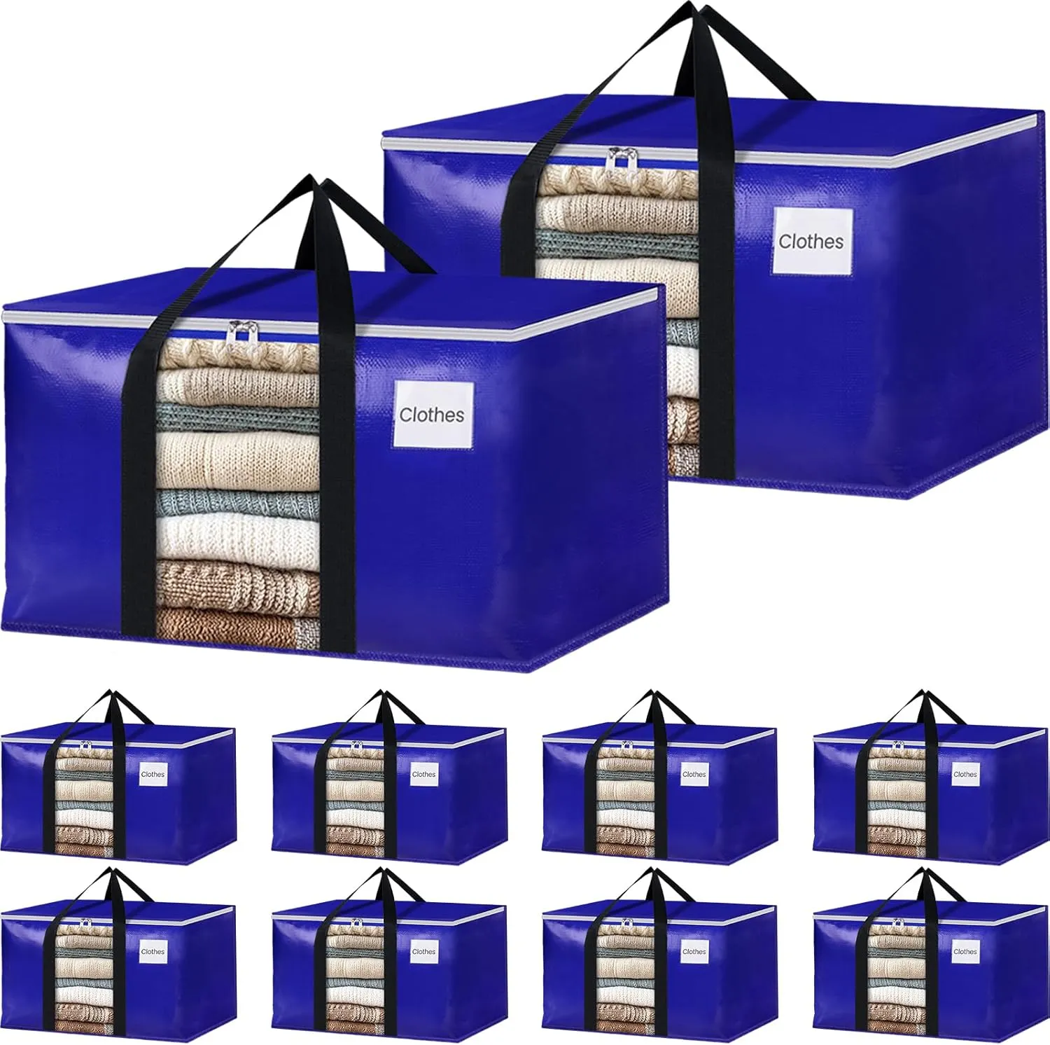 BlissTotes 10 Pack Moving Bags with Clear Window, Storage Bags with Strong Carrying Handles & Zippers,Large Packing Bags for Saving Space, Alternative to Moving Boxes(Blue,24 Gallon)