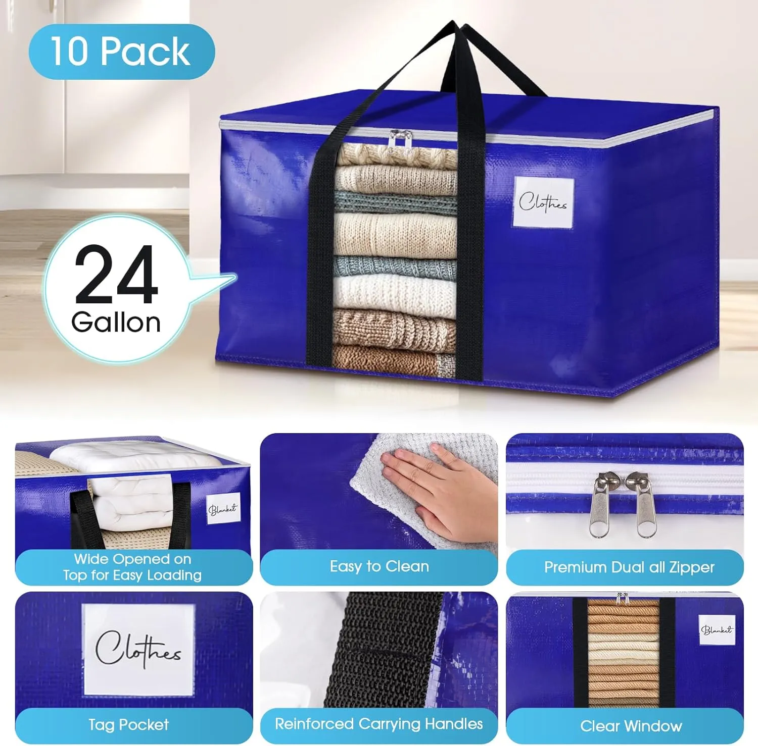 BlissTotes 10 Pack Moving Bags with Clear Window, Storage Bags with Strong Carrying Handles & Zippers,Large Packing Bags for Saving Space, Alternative to Moving Boxes(Blue,24 Gallon)