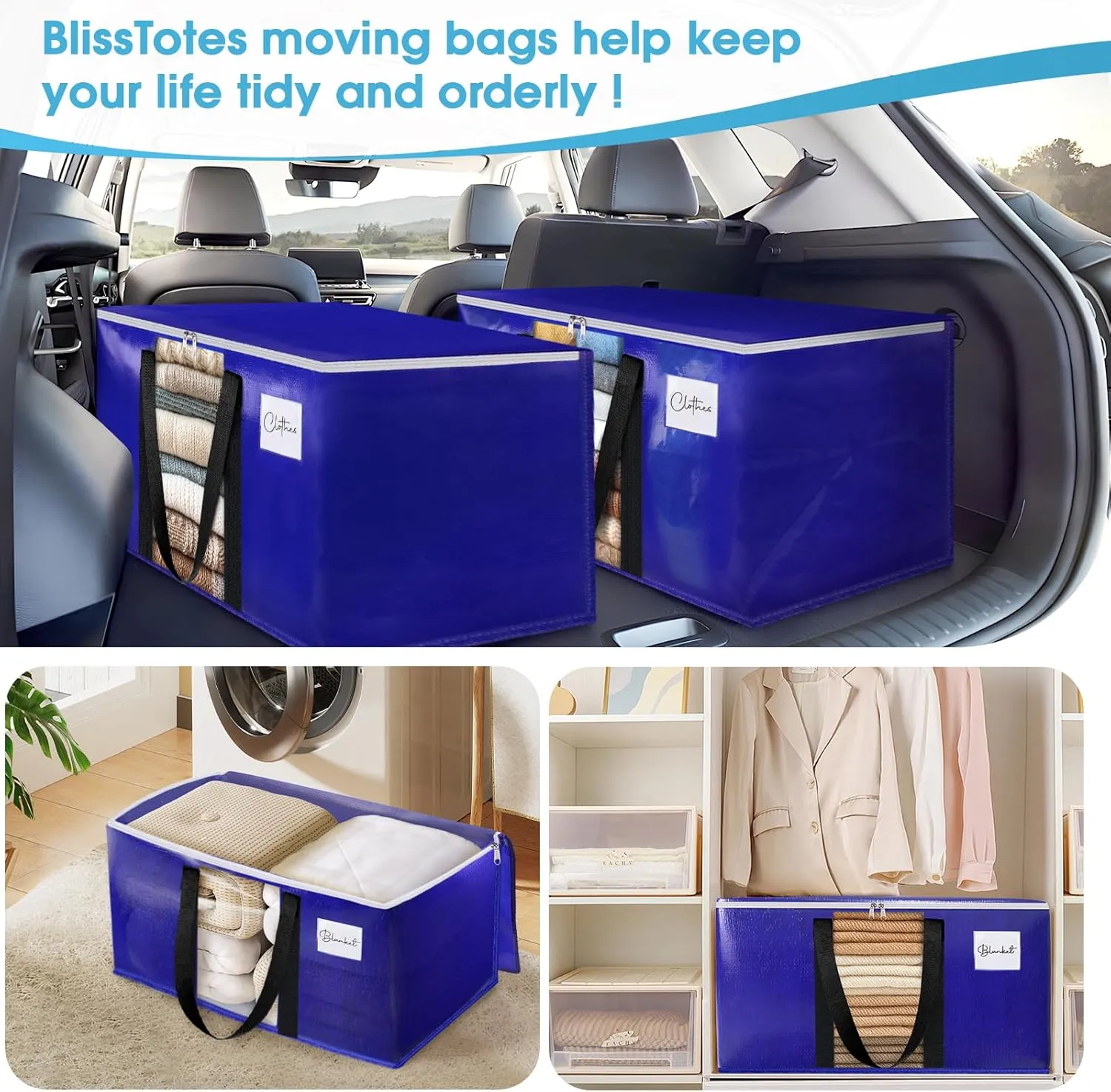 BlissTotes 10 Pack Moving Bags with Clear Window, Storage Bags with Strong Carrying Handles & Zippers,Large Packing Bags for Saving Space, Alternative to Moving Boxes(Blue,24 Gallon)