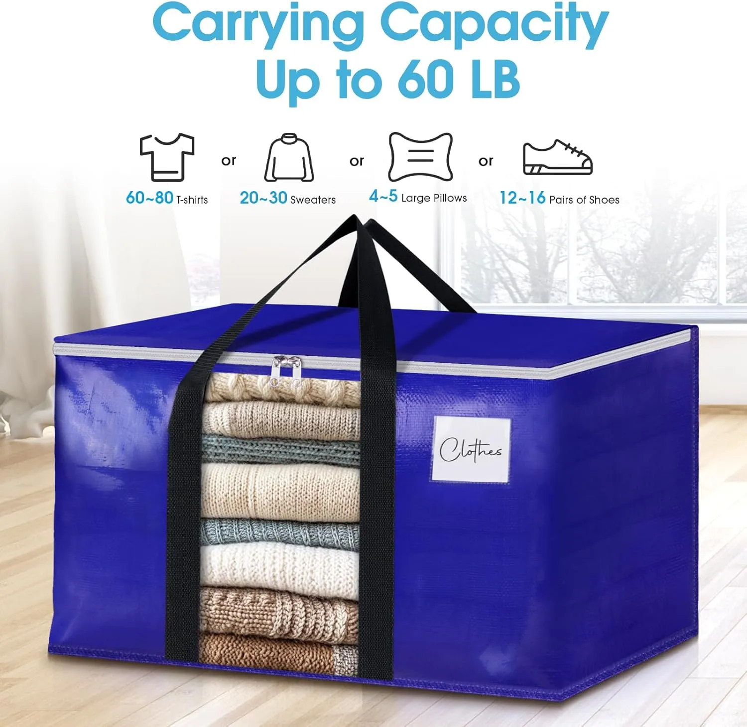 BlissTotes 10 Pack Moving Bags with Clear Window, Storage Bags with Strong Carrying Handles & Zippers,Large Packing Bags for Saving Space, Alternative to Moving Boxes(Blue,24 Gallon)