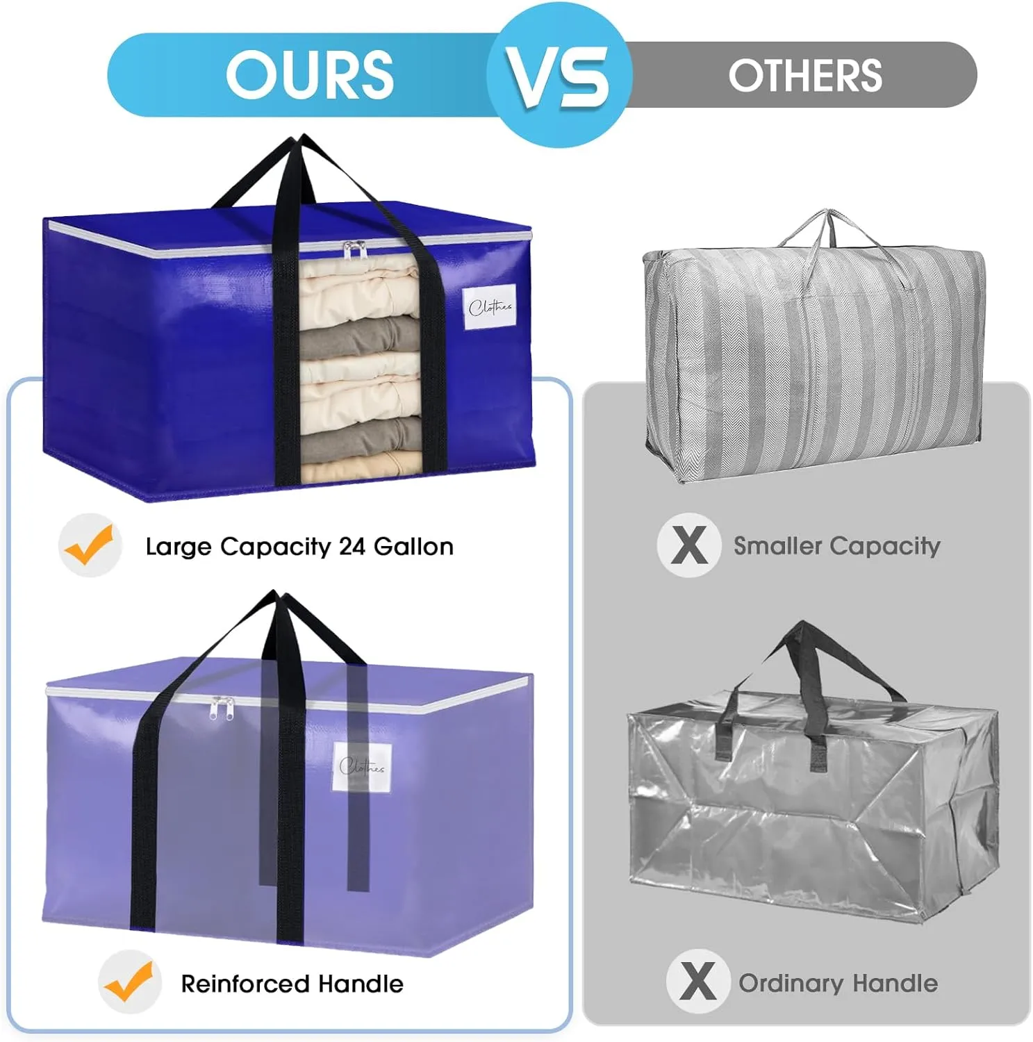 BlissTotes 10 Pack Moving Bags with Clear Window, Storage Bags with Strong Carrying Handles & Zippers,Large Packing Bags for Saving Space, Alternative to Moving Boxes(Blue,24 Gallon)