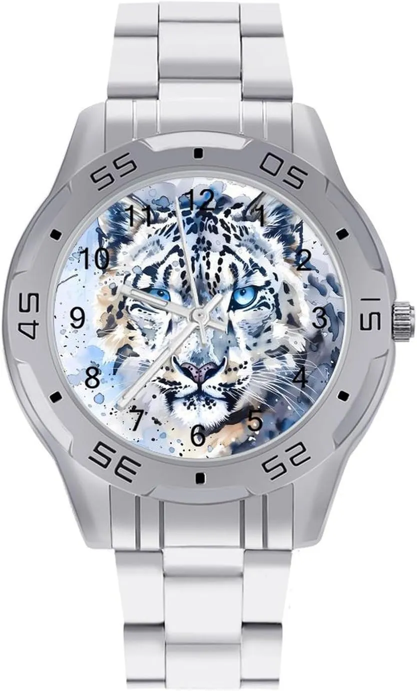 Blue Eye Snow Leopards in The Snow Simple Stainless Steel Band Business Watch Dress Wrist Unique Luxury Work Casual Waterproof Watches