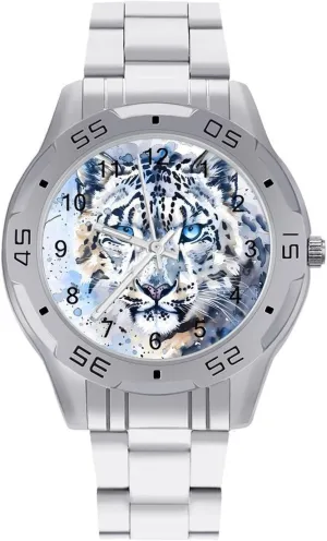 Blue Eye Snow Leopards in The Snow Simple Stainless Steel Band Business Watch Dress Wrist Unique Luxury Work Casual Waterproof Watches