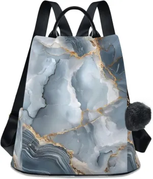 Blue Grey Marble Gold Hints Backpack for Women Anti Theft Large Fashion Travel Shoulder Bag Purse Rucksack Lightweight