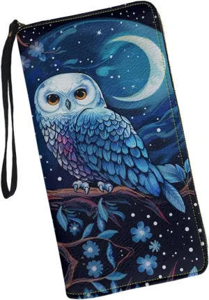 Blue Owl Moon Wallet for Womens RFID Blocking PU Leather Zipper Around Wallets Clutch Wristlets Travel Long Purse