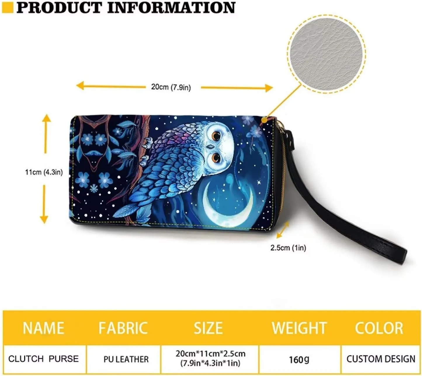 Blue Owl Moon Wallet for Womens RFID Blocking PU Leather Zipper Around Wallets Clutch Wristlets Travel Long Purse