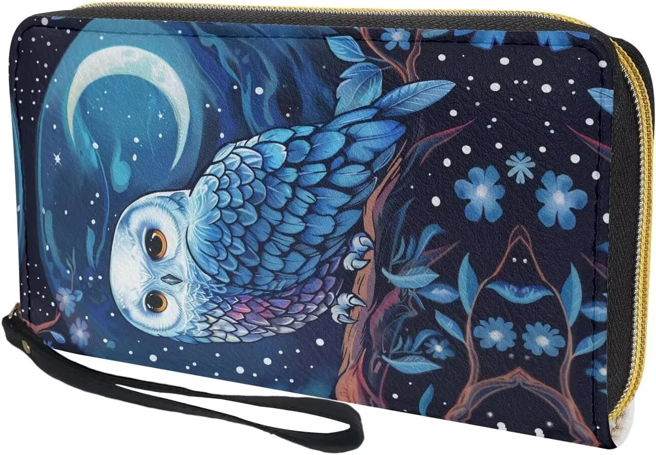 Blue Owl Moon Wallet for Womens RFID Blocking PU Leather Zipper Around Wallets Clutch Wristlets Travel Long Purse