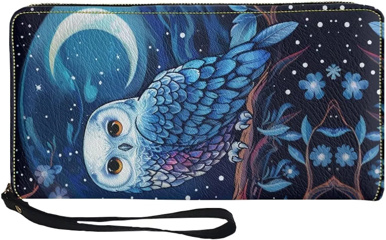 Blue Owl Moon Wallet for Womens RFID Blocking PU Leather Zipper Around Wallets Clutch Wristlets Travel Long Purse