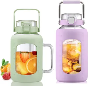 BLUEGO 64oz and 84oz Glass Water Bottles Bundle(64 LGreen   84 Purple) with Straw and Lids Handle Large Water Tumbler with Sleeve, Glass Water Container, 2 Liter Water Jug Glass, BPA Free