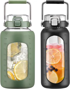 BLUEGO 84oz and 64oz Glass Water Bottles Bundle(84 Olive   64 Black) with Straw and Stainless Steel Handle, Large Water Bottle with Sleeve, Half Gallon Water Jug, Glass Water Container, BPA Free