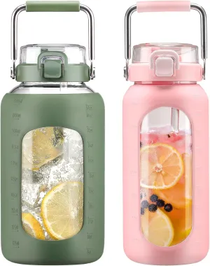 BLUEGO 84oz and 64oz Glass Water Bottles Bundle(84 Olive   64 Pink) with Straw and Stainless Steel Handle, Large Water Bottle with Sleeve, Half Gallon Water Jug, Glass Water Container, BPA Free