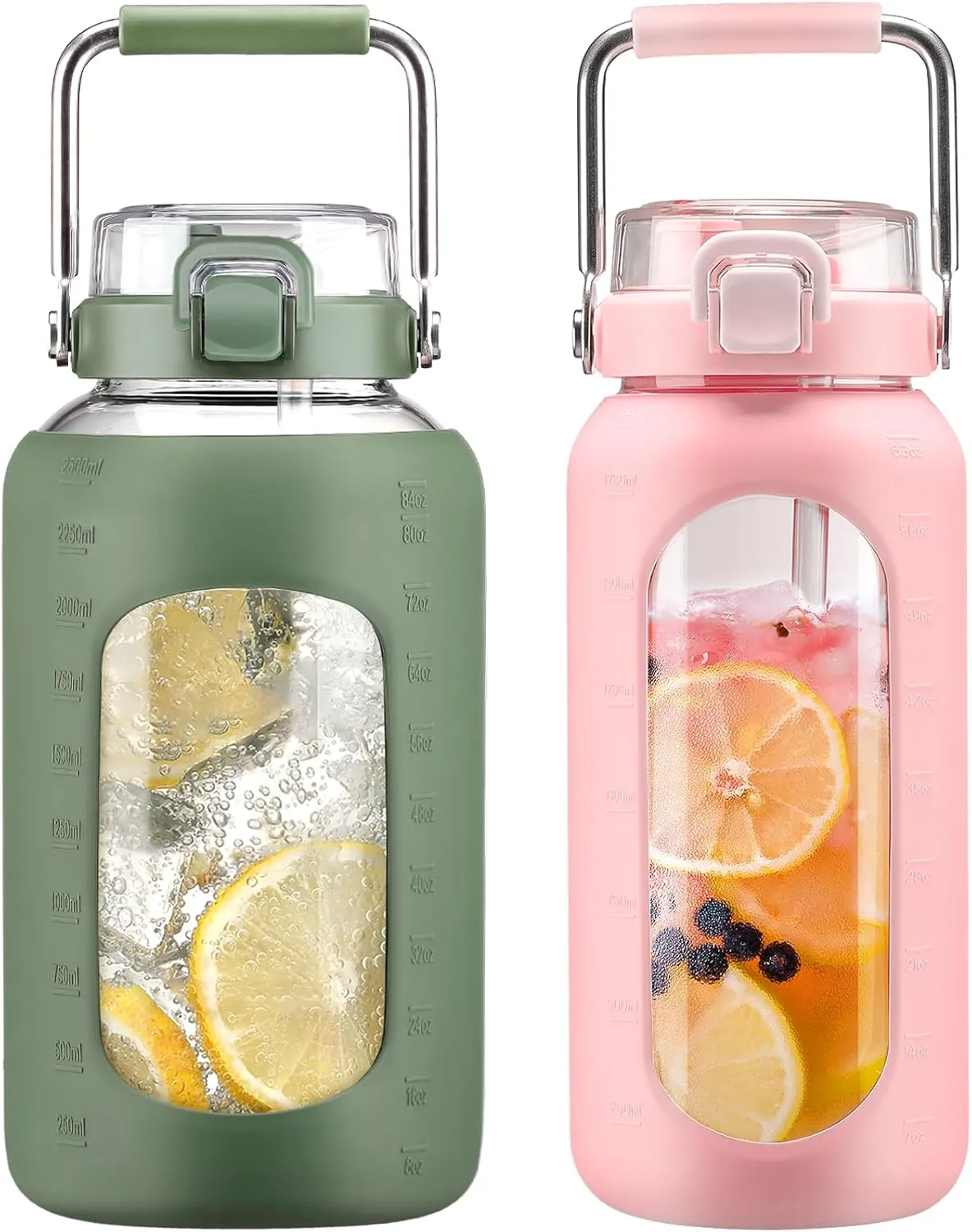BLUEGO 84oz and 64oz Glass Water Bottles Bundle(84 Olive   64 Pink) with Straw and Stainless Steel Handle, Large Water Bottle with Sleeve, Half Gallon Water Jug, Glass Water Container, BPA Free