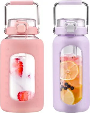 BLUEGO 84oz and 64oz Glass Water Bottles Bundle(84 Pink   64 Purple) with Straw and Stainless Steel Handle, Large Water Bottle with Sleeve, Half Gallon Water Jug, Glass Water Container, BPA Free