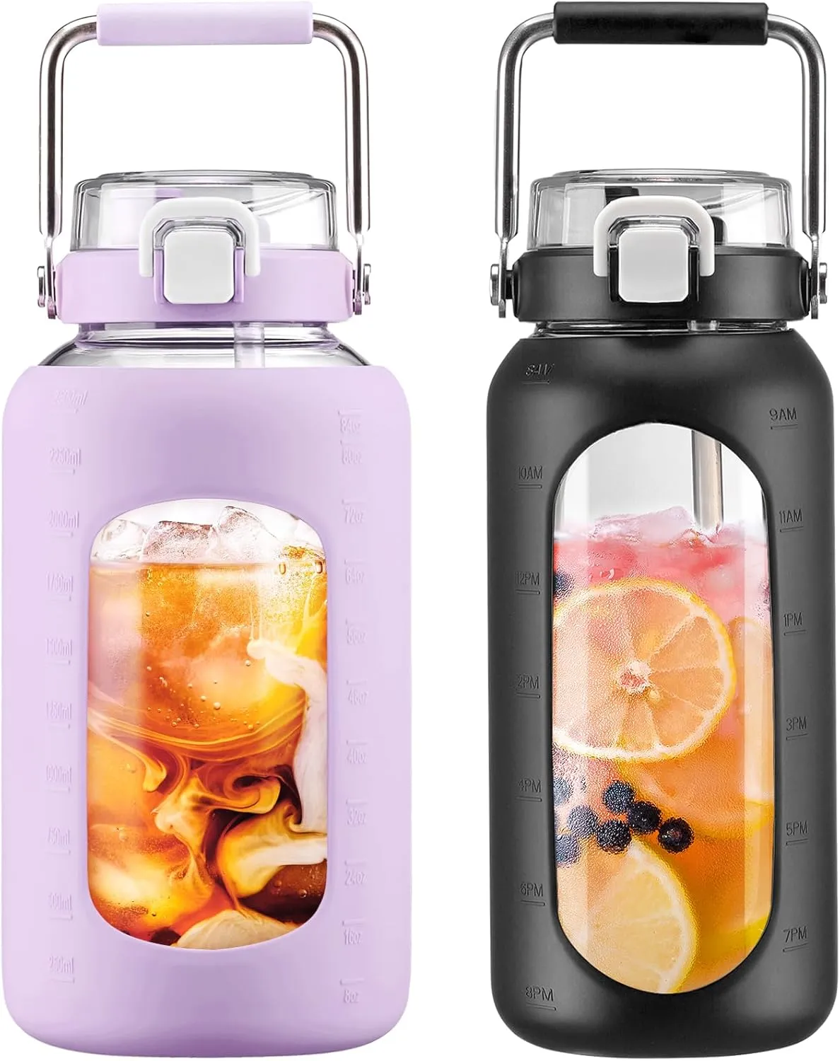 BLUEGO 84oz and 64oz Glass Water Bottles Bundle(84 Purple   64 Black) with Straw and Stainless Steel Handle, Large Water Bottle with Sleeve, Half Gallon Water Jug, Glass Water Container, BPA Free