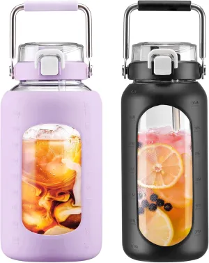 BLUEGO 84oz and 64oz Glass Water Bottles Bundle(84 Purple   64 Black) with Straw and Stainless Steel Handle, Large Water Bottle with Sleeve, Half Gallon Water Jug, Glass Water Container, BPA Free