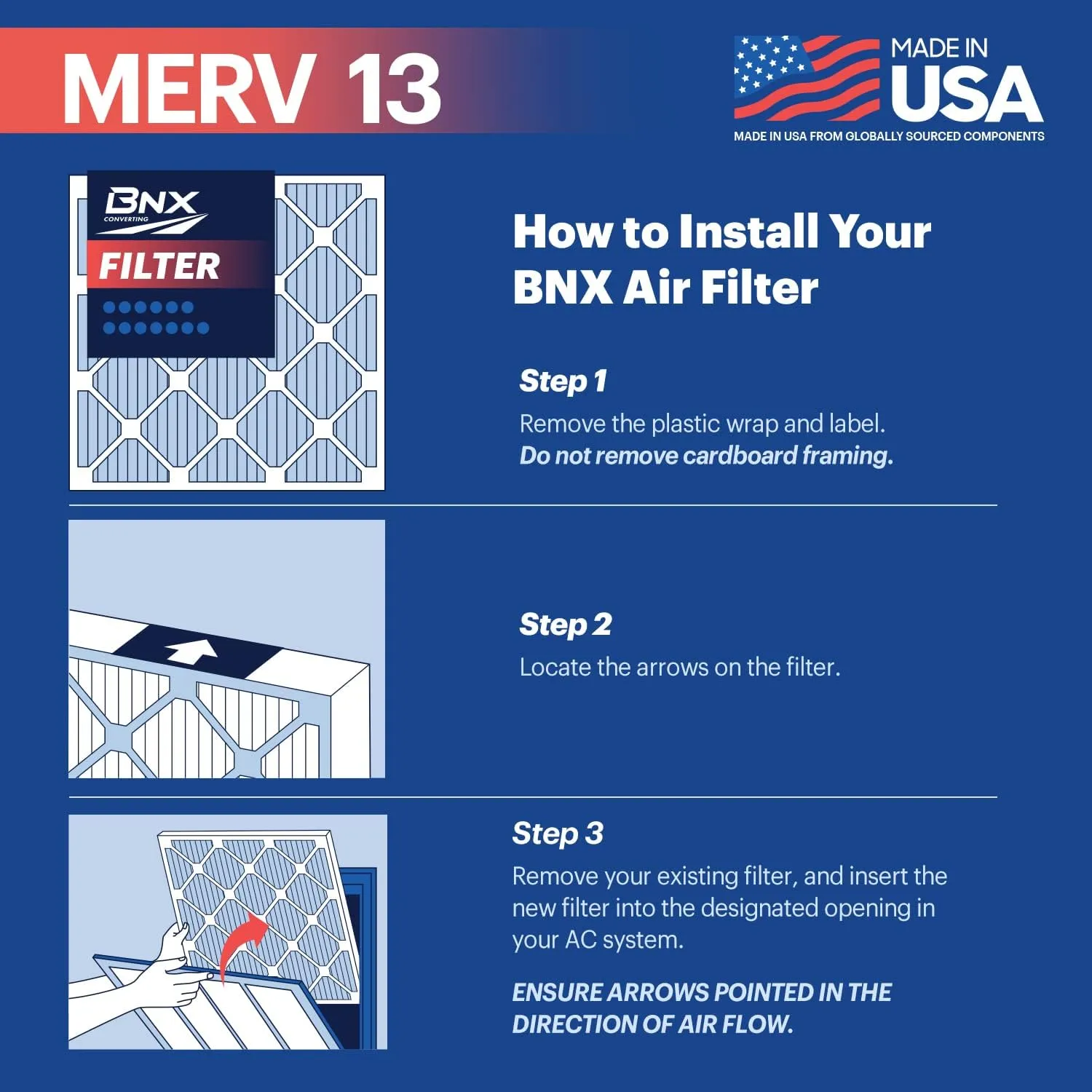 BNX TruFilter 16x20x1 Air Filter MERV 13 (4-Pack) - MADE IN USA - Electrostatic Pleated Air Conditioner HVAC AC Furnace Filters for Allergies, Pollen, Mold, Bacteria, Smoke, Allergen, MPR 1900 FPR 10