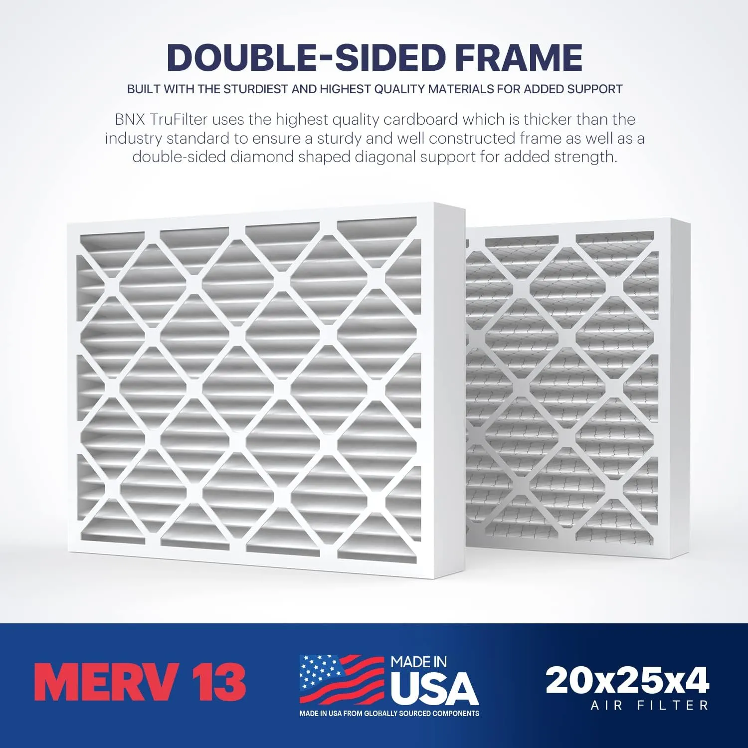 BNX TruFilter 20x25x4 (19.5’’ x 24.5’’ x 3.63‘’ Slim Fit) MERV 13 Air Filter (2-Pack) - MADE IN USA - Air Conditioner HVAC AC Furnace Filters Health, Allergies, Mold, Bacteria, Smoke, MPR 1900 FPR 10