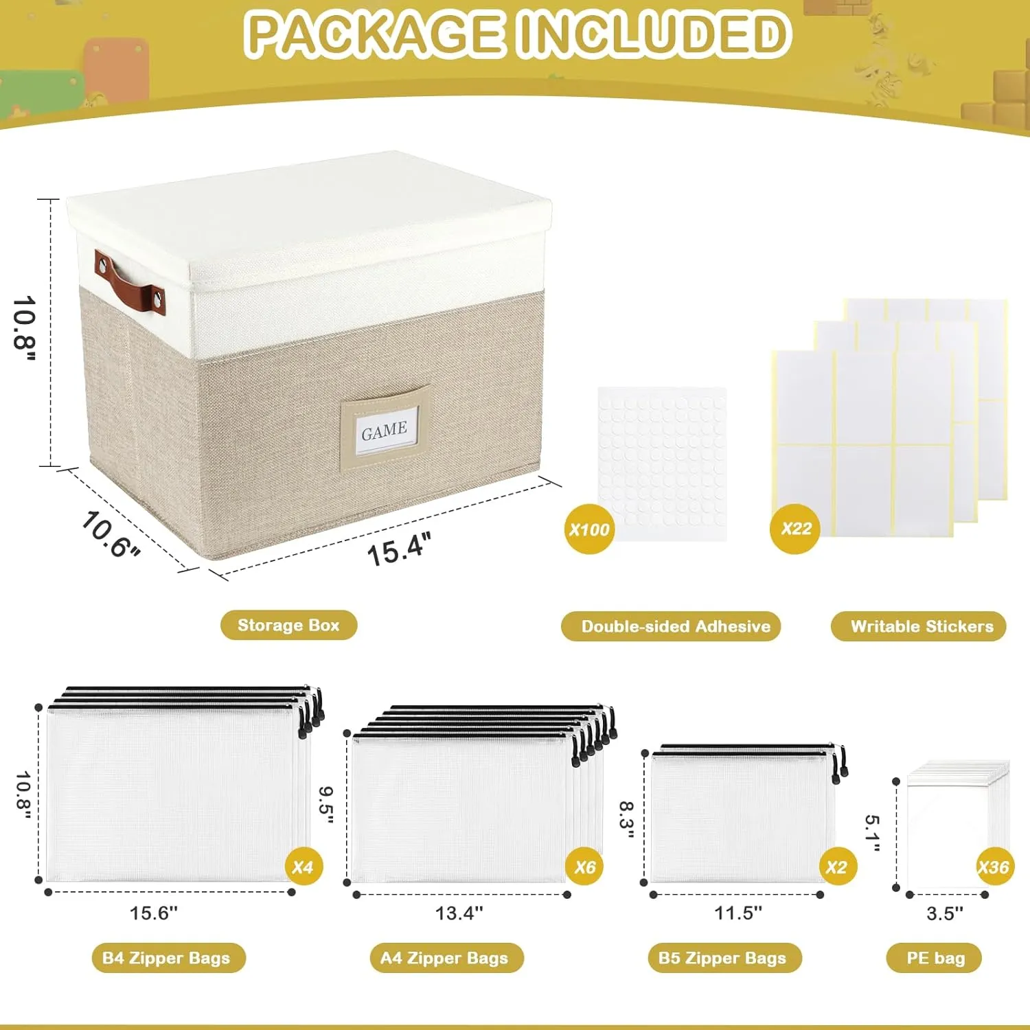Board Game Storage, Board Game Organizer with 12pcs Zipper Bags and Writable Stickers, Board Game Organizers Storage with Lid for Office Supplies,Puzzles,Video Game,Craft Product (Beige, 1-Pack Large)