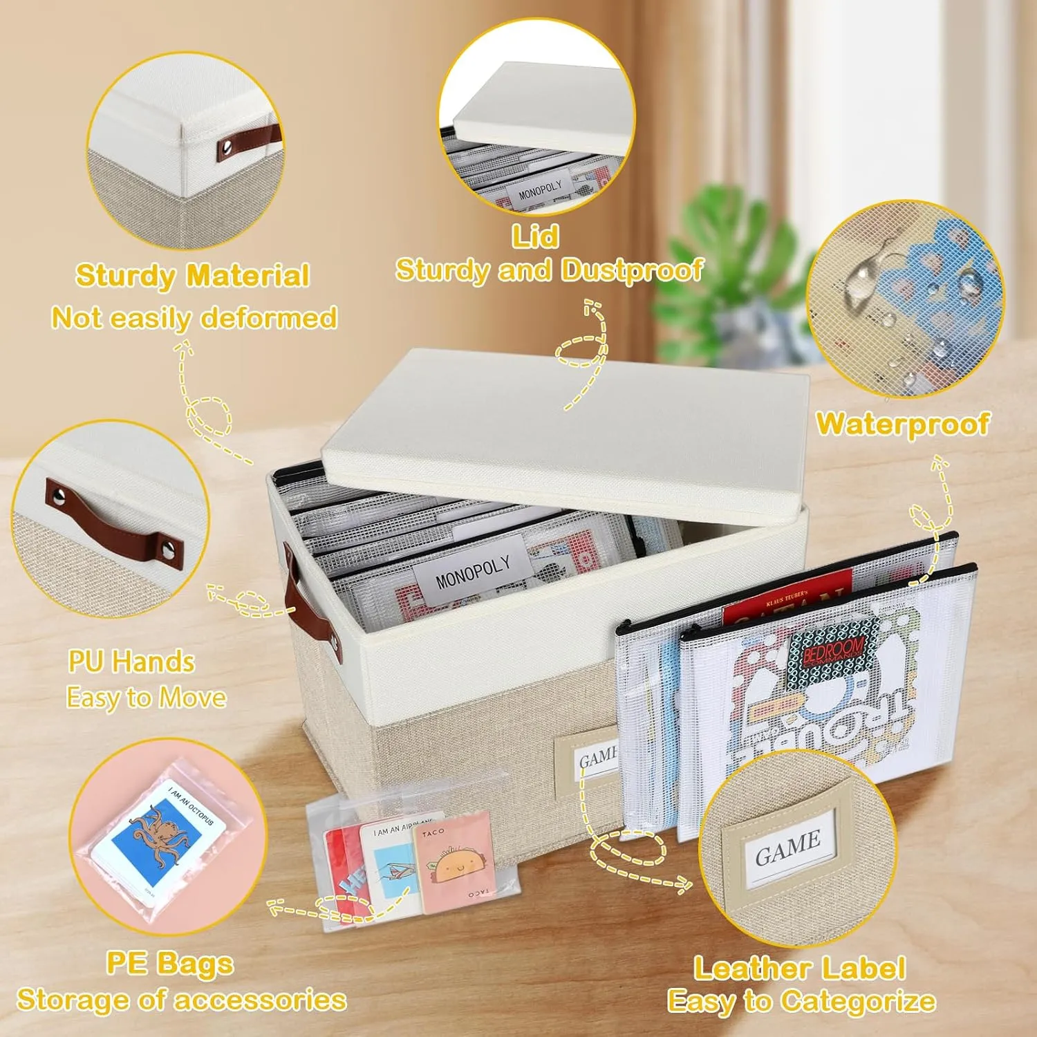 Board Game Storage, Board Game Organizer with 12pcs Zipper Bags and Writable Stickers, Board Game Organizers Storage with Lid for Office Supplies,Puzzles,Video Game,Craft Product (Beige, 1-Pack Large)