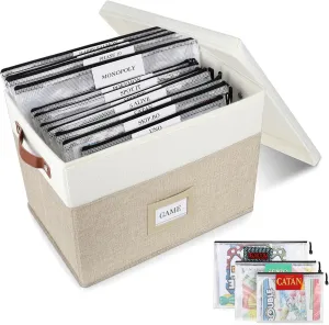 Board Game Storage, Board Game Organizer with 12pcs Zipper Bags and Writable Stickers, Board Game Organizers Storage with Lid for Office Supplies,Puzzles,Video Game,Craft Product (Beige, 1-Pack Large)