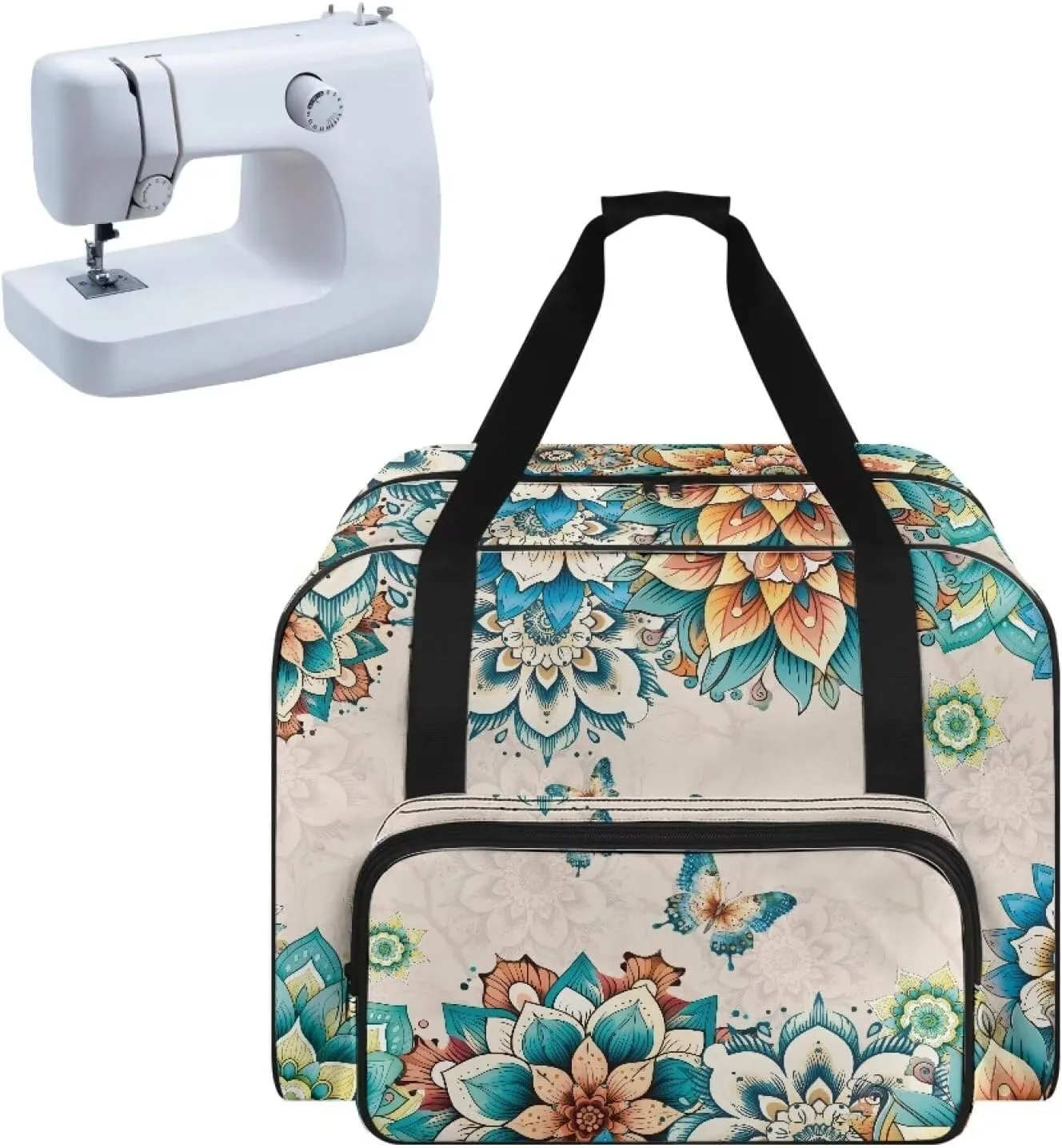 Boho Flower Dragonfly Sewing Machine Case, Universal Travel Bag，Lightweight Dust proof Compatible for Most Standard Sewing Machines