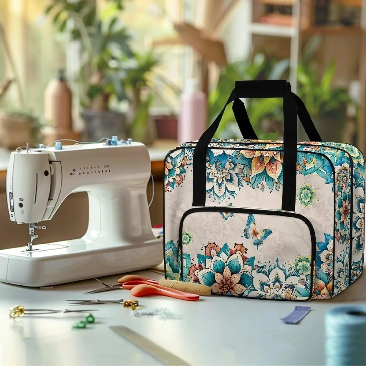 Boho Flower Dragonfly Sewing Machine Case, Universal Travel Bag，Lightweight Dust proof Compatible for Most Standard Sewing Machines