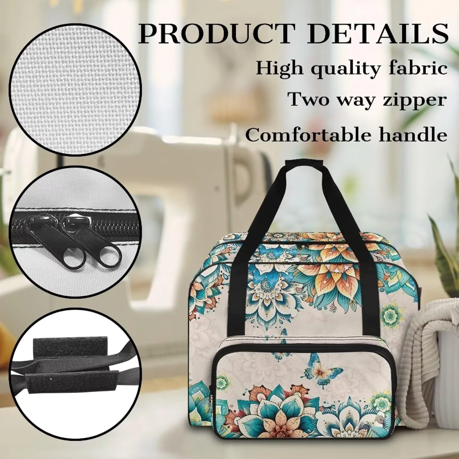 Boho Flower Dragonfly Sewing Machine Case, Universal Travel Bag，Lightweight Dust proof Compatible for Most Standard Sewing Machines