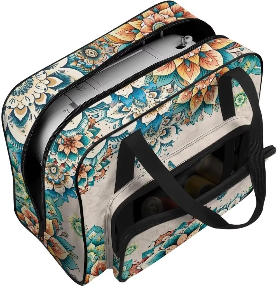 Boho Flower Dragonfly Sewing Machine Case, Universal Travel Bag，Lightweight Dust proof Compatible for Most Standard Sewing Machines