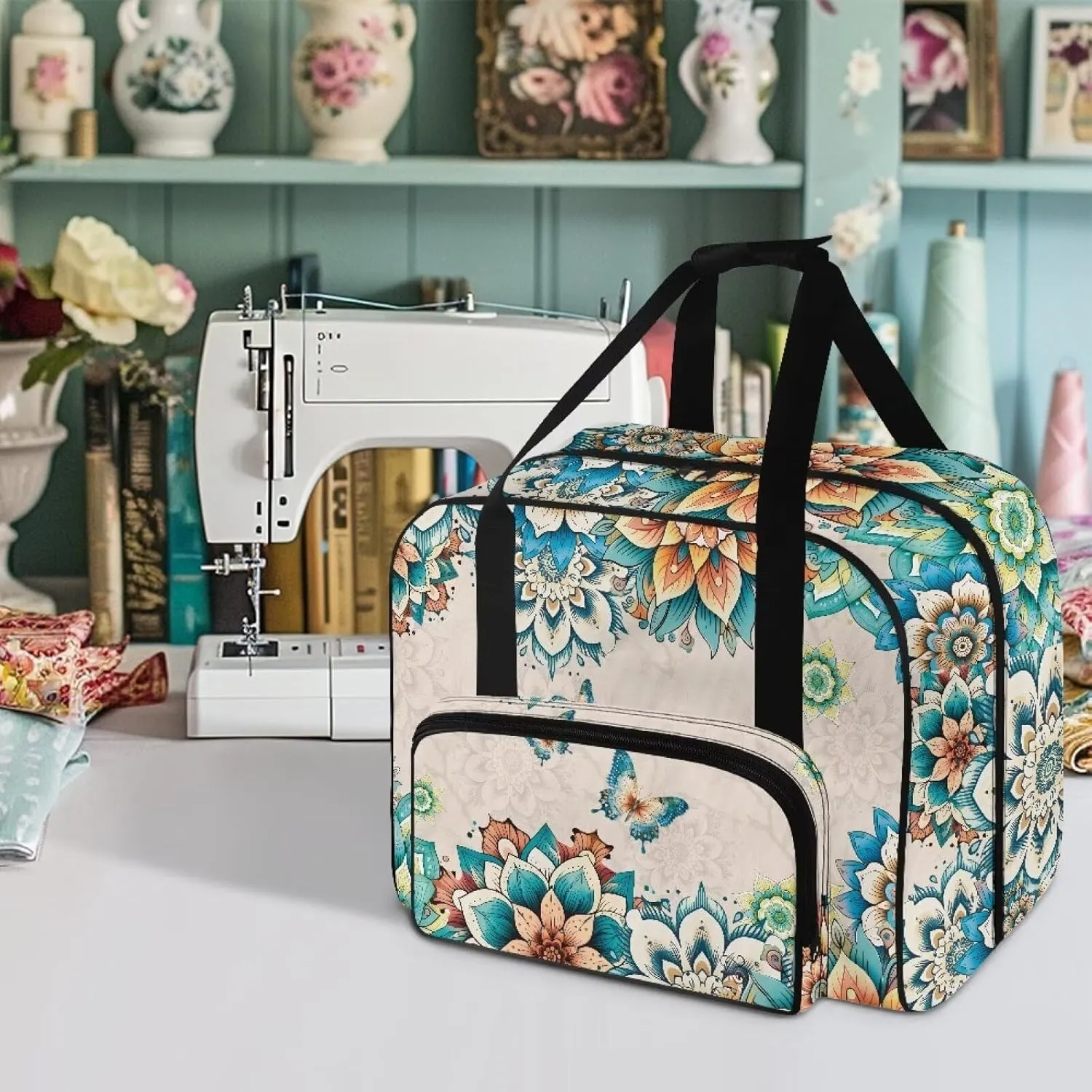 Boho Flower Dragonfly Sewing Machine Case, Universal Travel Bag，Lightweight Dust proof Compatible for Most Standard Sewing Machines