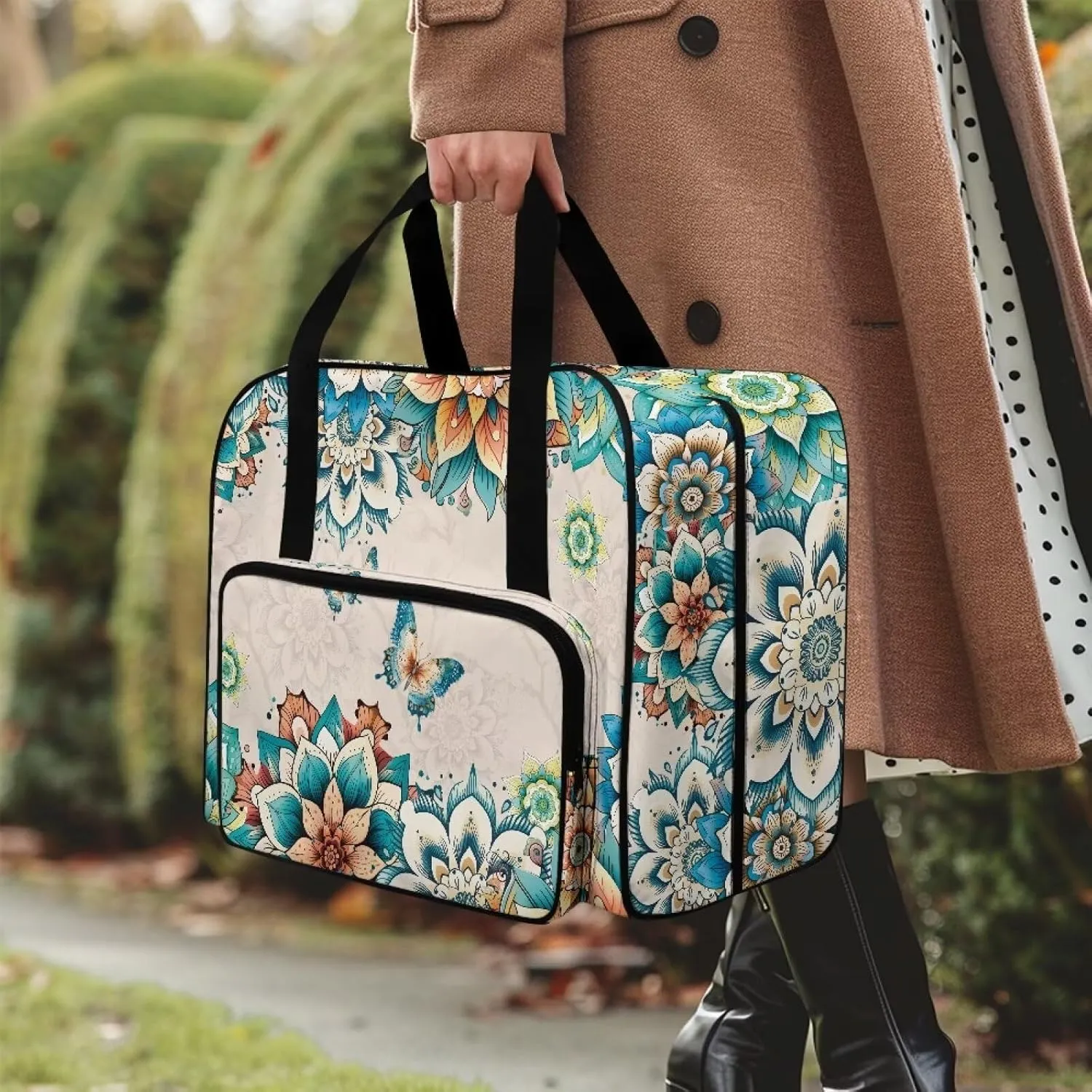 Boho Flower Dragonfly Sewing Machine Case, Universal Travel Bag，Lightweight Dust proof Compatible for Most Standard Sewing Machines