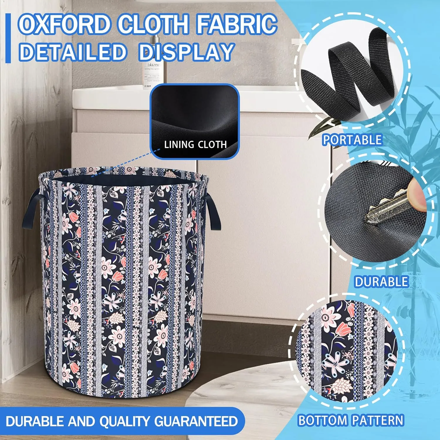 Boho Flowers Laundry Basket Floral Print Oxford Cloth Laundry Hamper With Handle Foldable Portable Clothes Storage Basket 18.9 X 16.5 Inch Storage Bag For Laundry Room/Bathroom/Bedroom/Dormitories